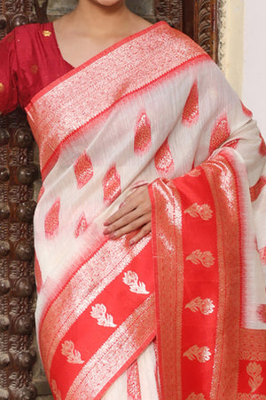 Traditional White & Red Saree in Linen Cotton Fabric Highlighted with Zari Work