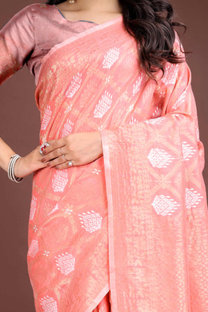 Peach Zari Woven Linen Cotton Saree with Graceful Tassels