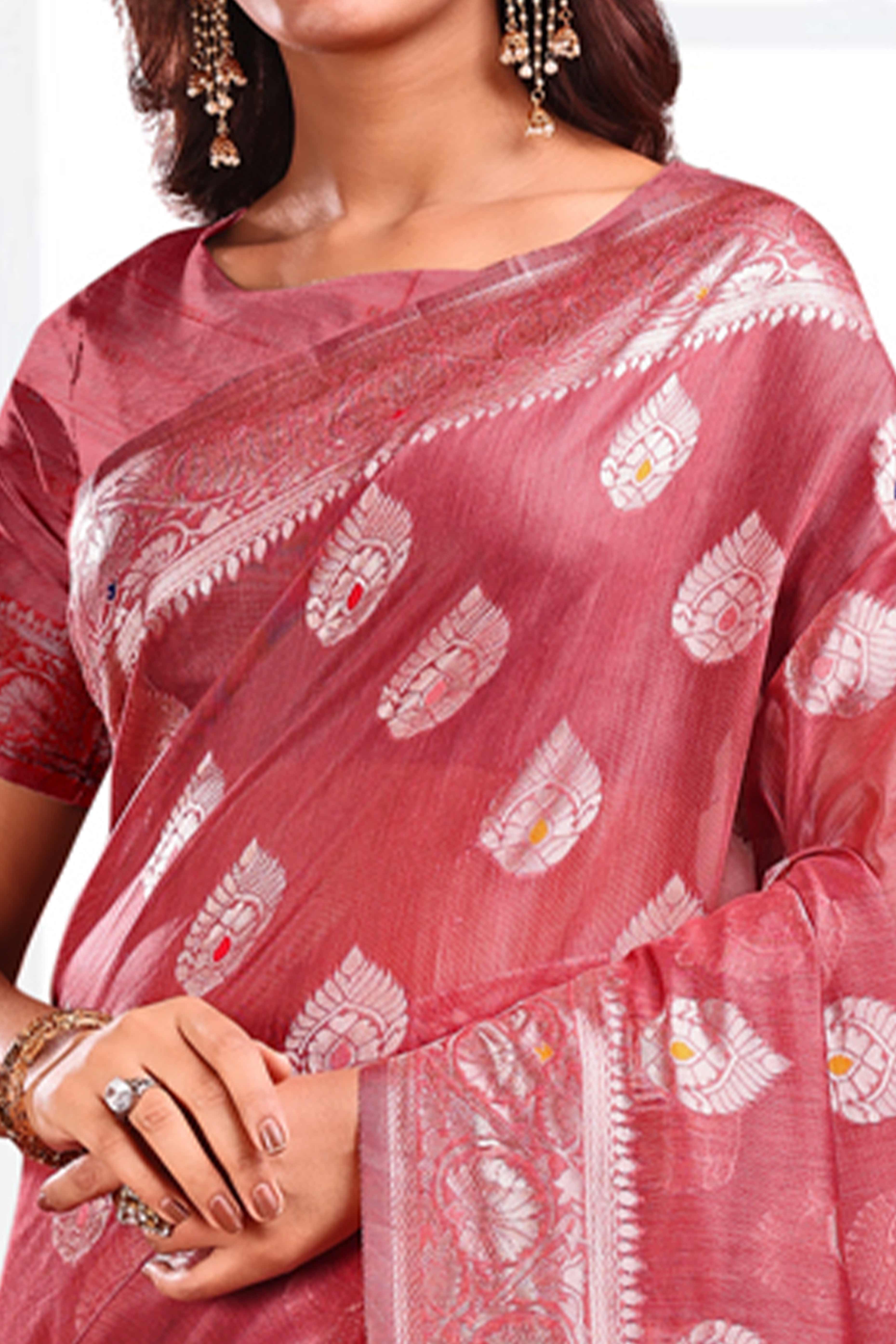 Deep Rose Pink Linen Cotton Silk Saree Adorned With Intricate Floral Zari Weaving & Tassel Pallu