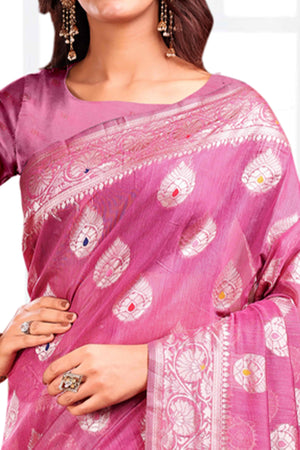 Pink Linen Cotton Silk Saree Adorned With Intricate Floral Zari Weaving & Tassel Pallu
