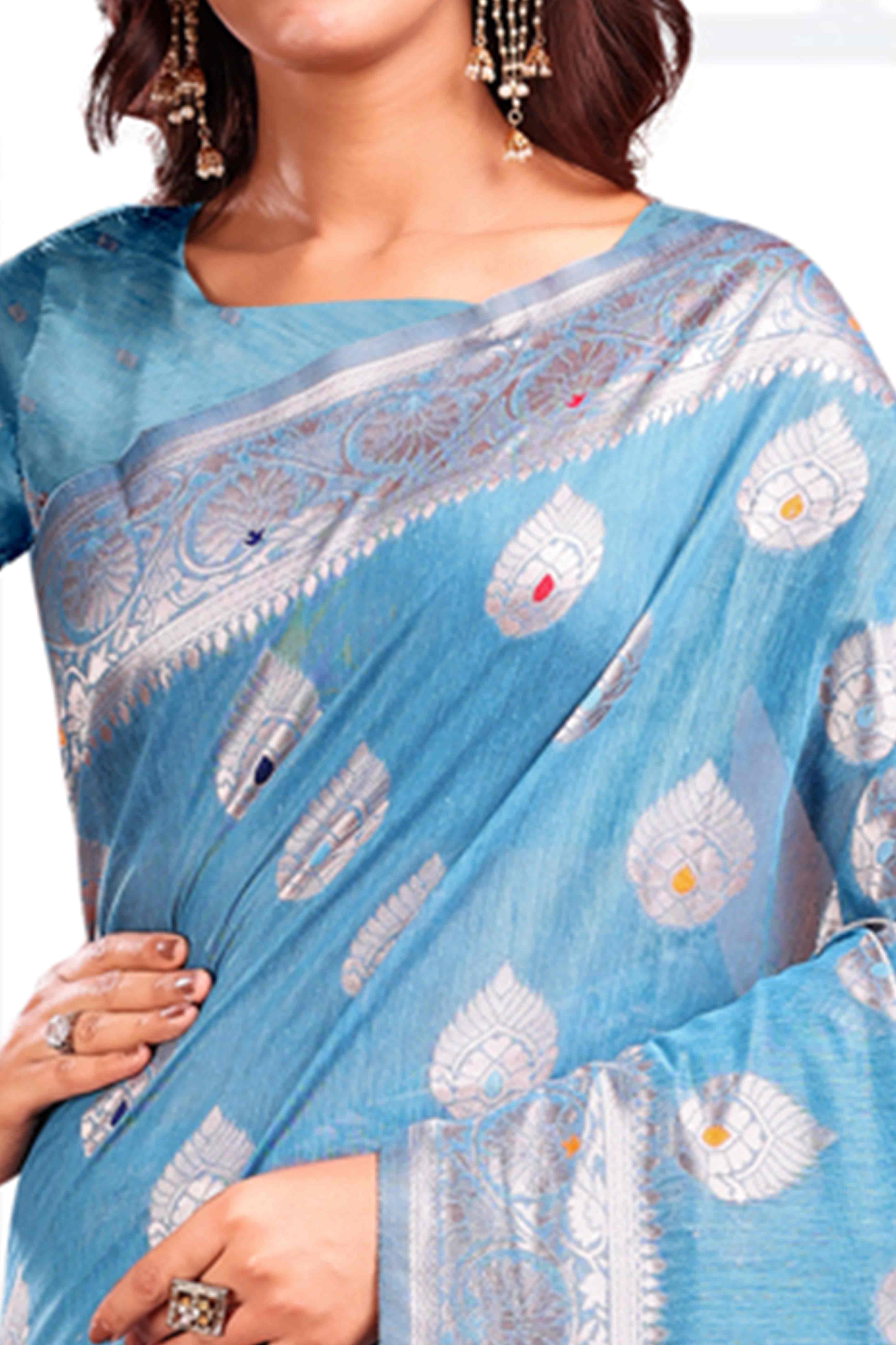 Sky Blue Linen Cotton Silk Saree Adorned With Intricate Floral Zari Weaving & Tassel Pallu