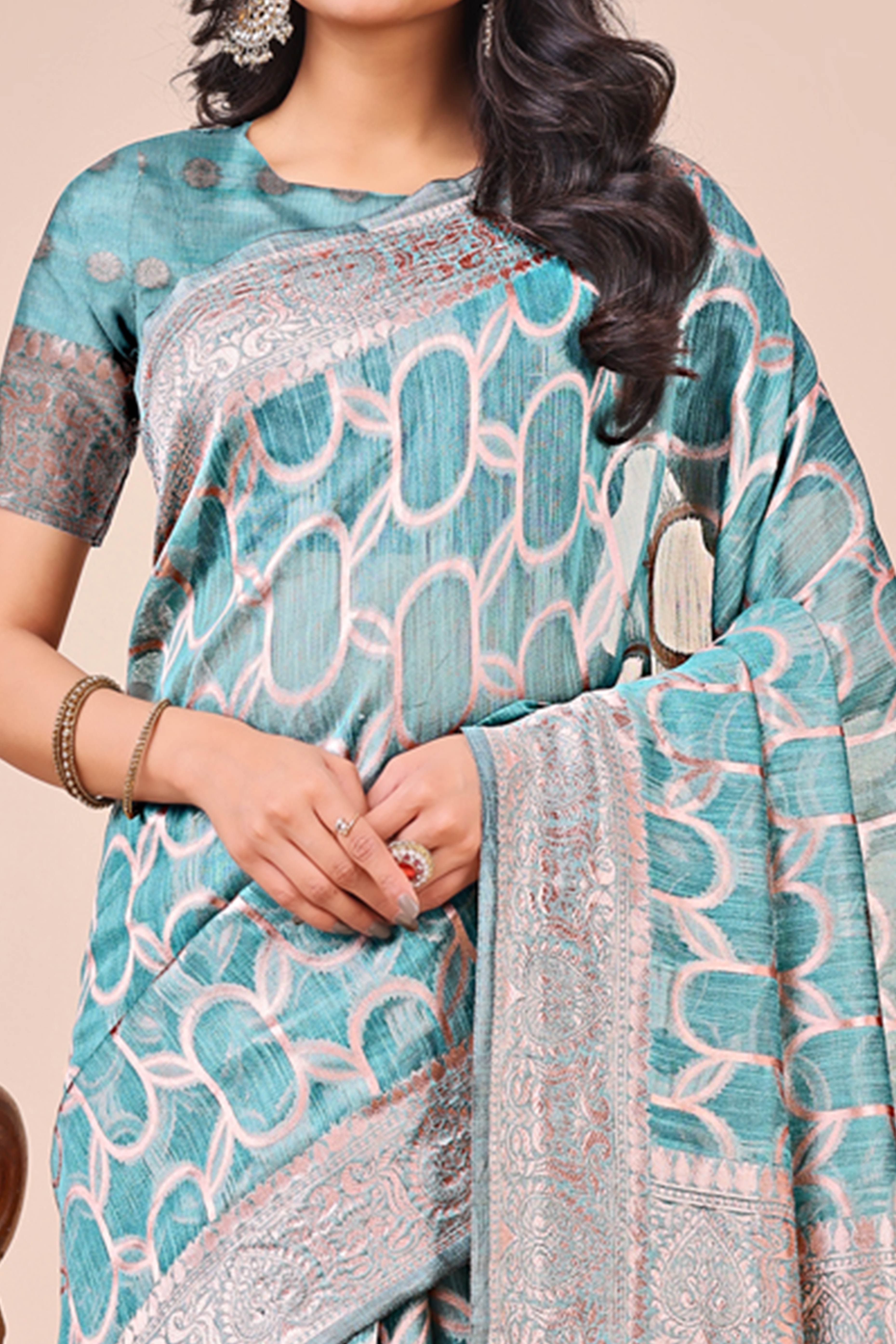 Blue Linen Cotton Saree With Floral Zari Weaving & Delicate Tassel Border