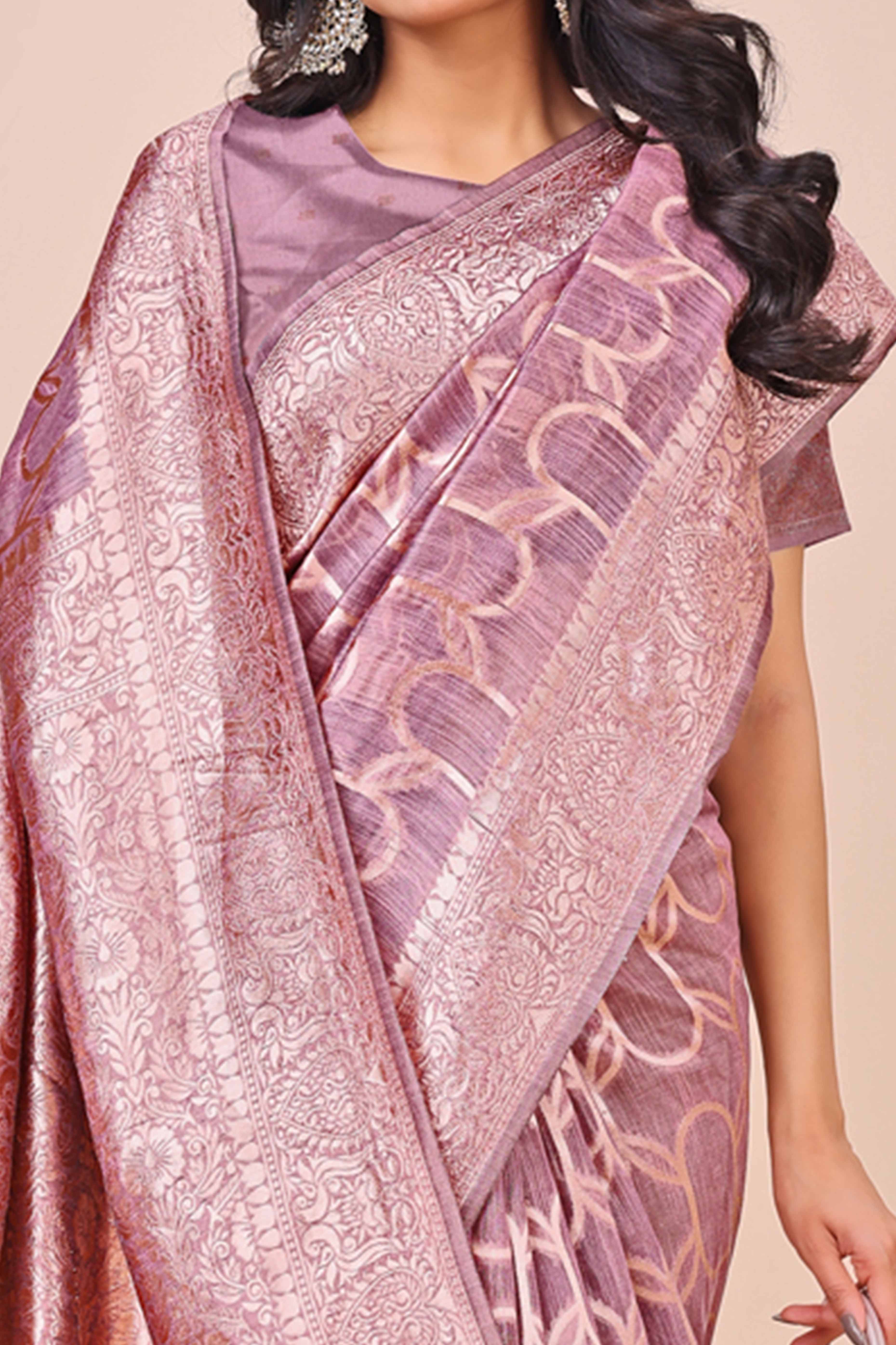 Purple Linen Cotton Saree With Floral Zari Weaving & Delicate Tassel Border