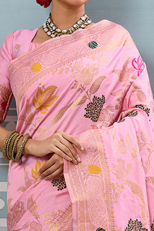 Radiant Light Pink Silk Blend Saree Adorned With Intricate Floral Zari Weaving & Tassel Pallu