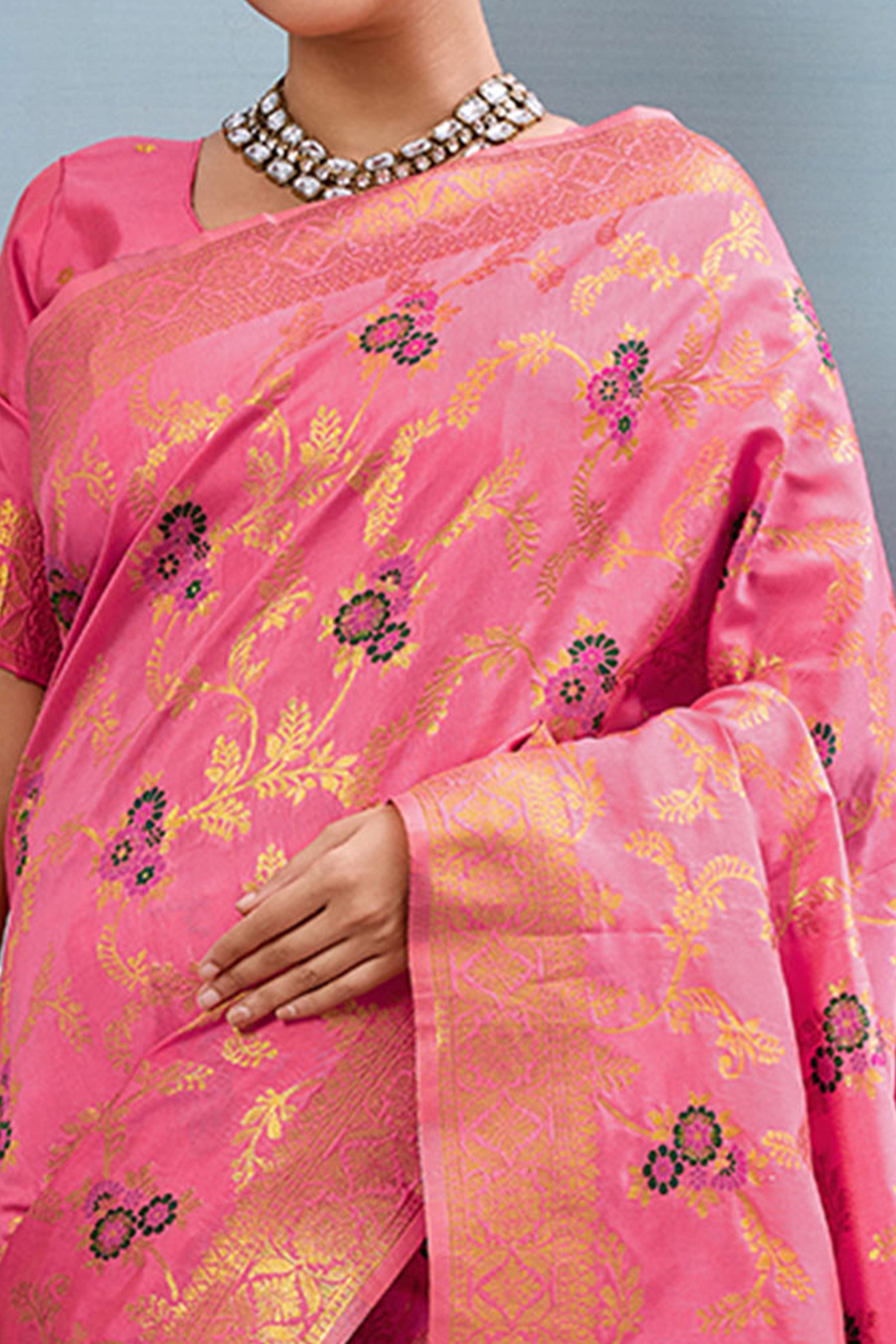 Majestic Bloom Pink Floral Zari Weaving Silk Blend Saree With Elegant Tassel Pallu