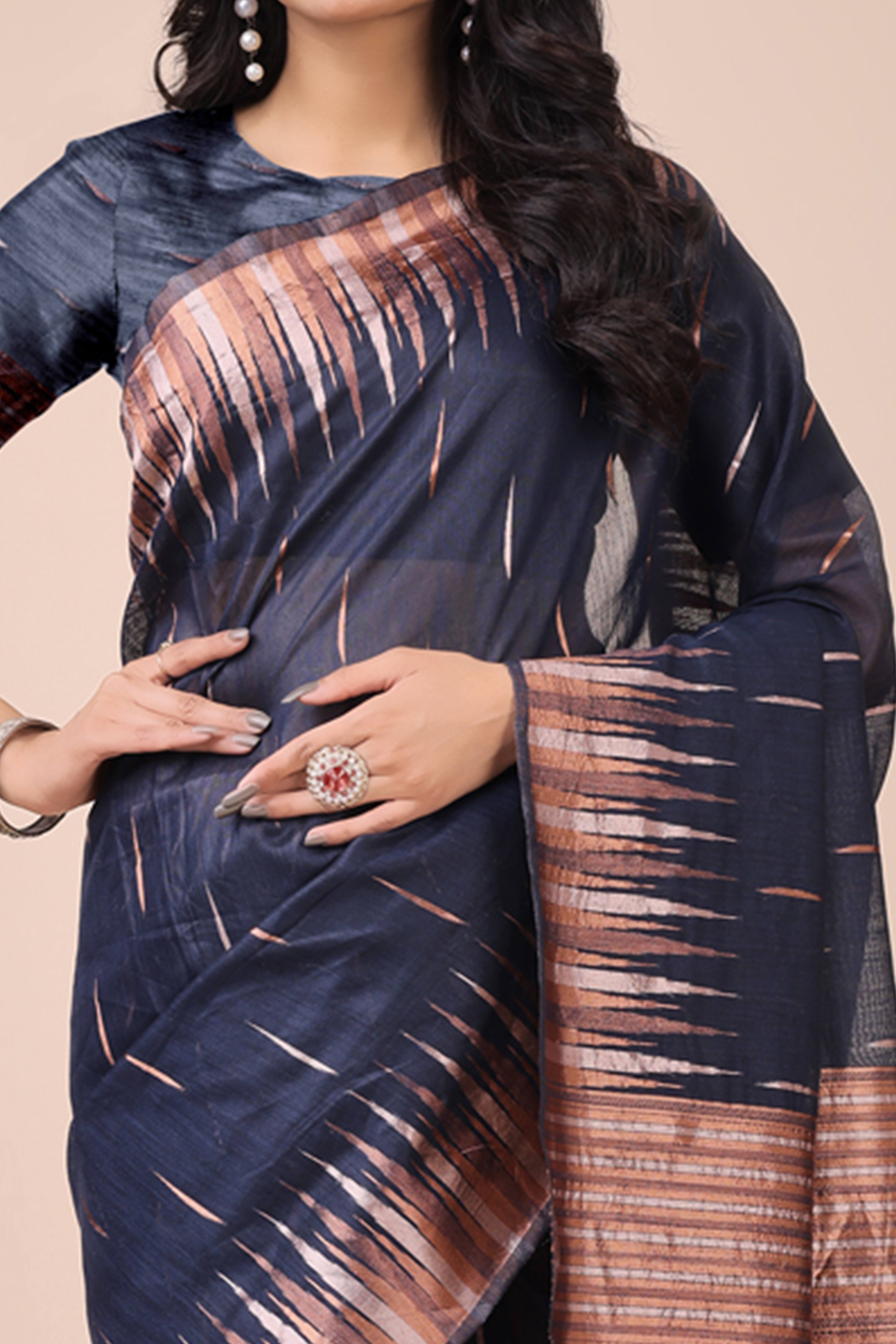 Navy Blue Saree In Linen Cotton With Exquisite Zari Weaving & Subtle Tassel Border