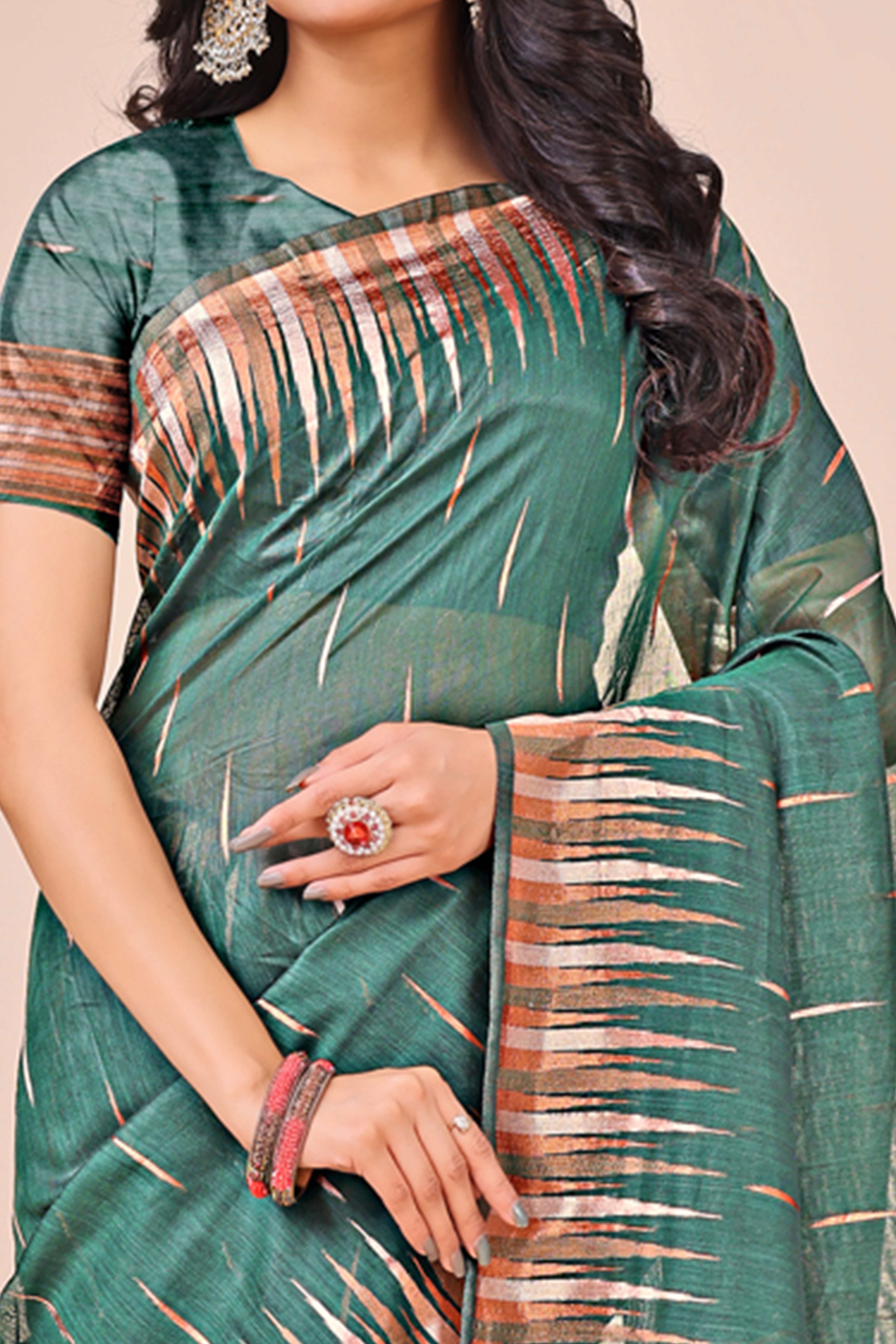 Green Saree In Linen Cotton With Exquisite Zari Weaving & Subtle Tassel Border