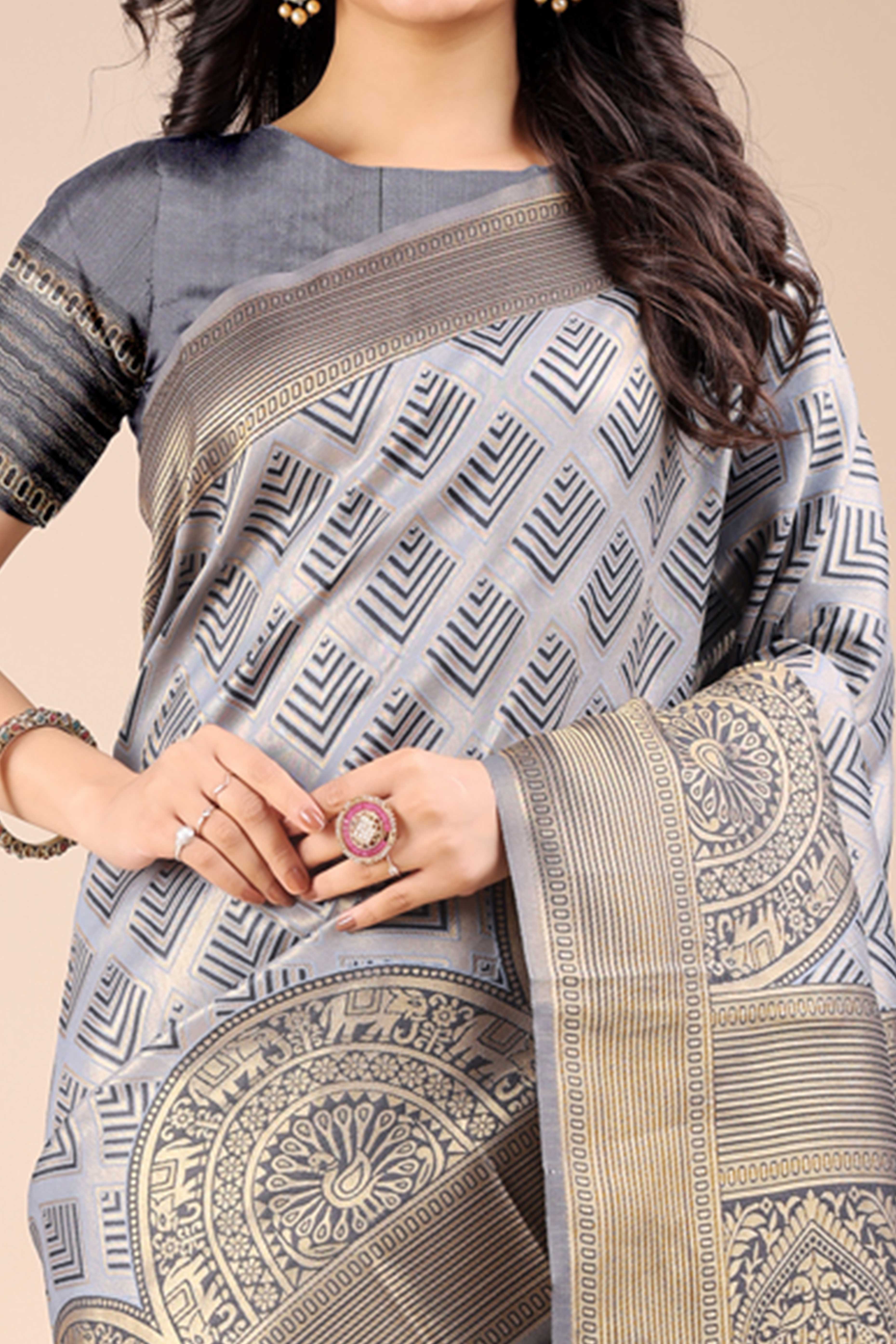 Grey Zari Woven Banarasi Silk Saree with Luxurious Detailing