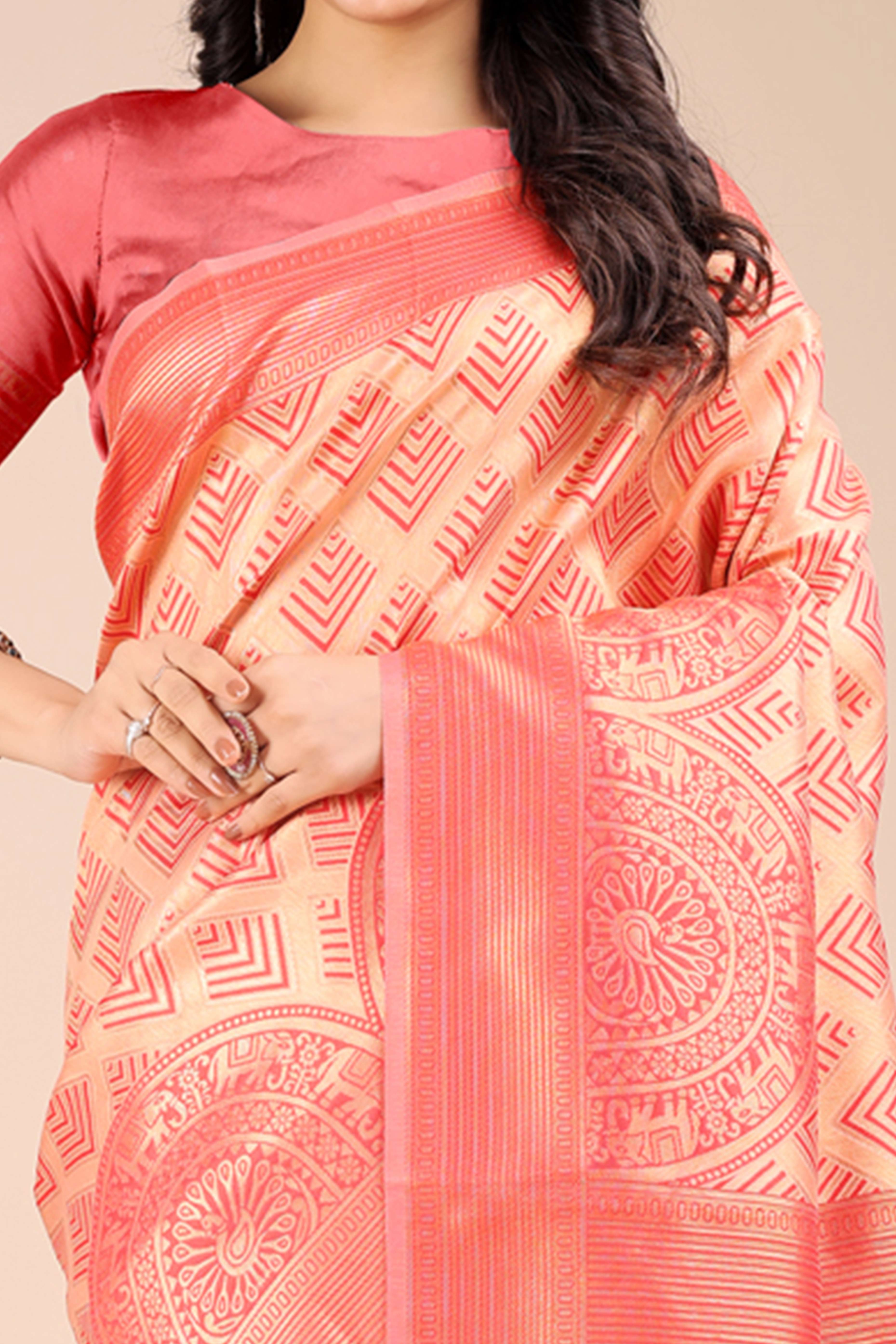Peach Zari Woven Banarasi Silk Saree with Luxurious Detailing