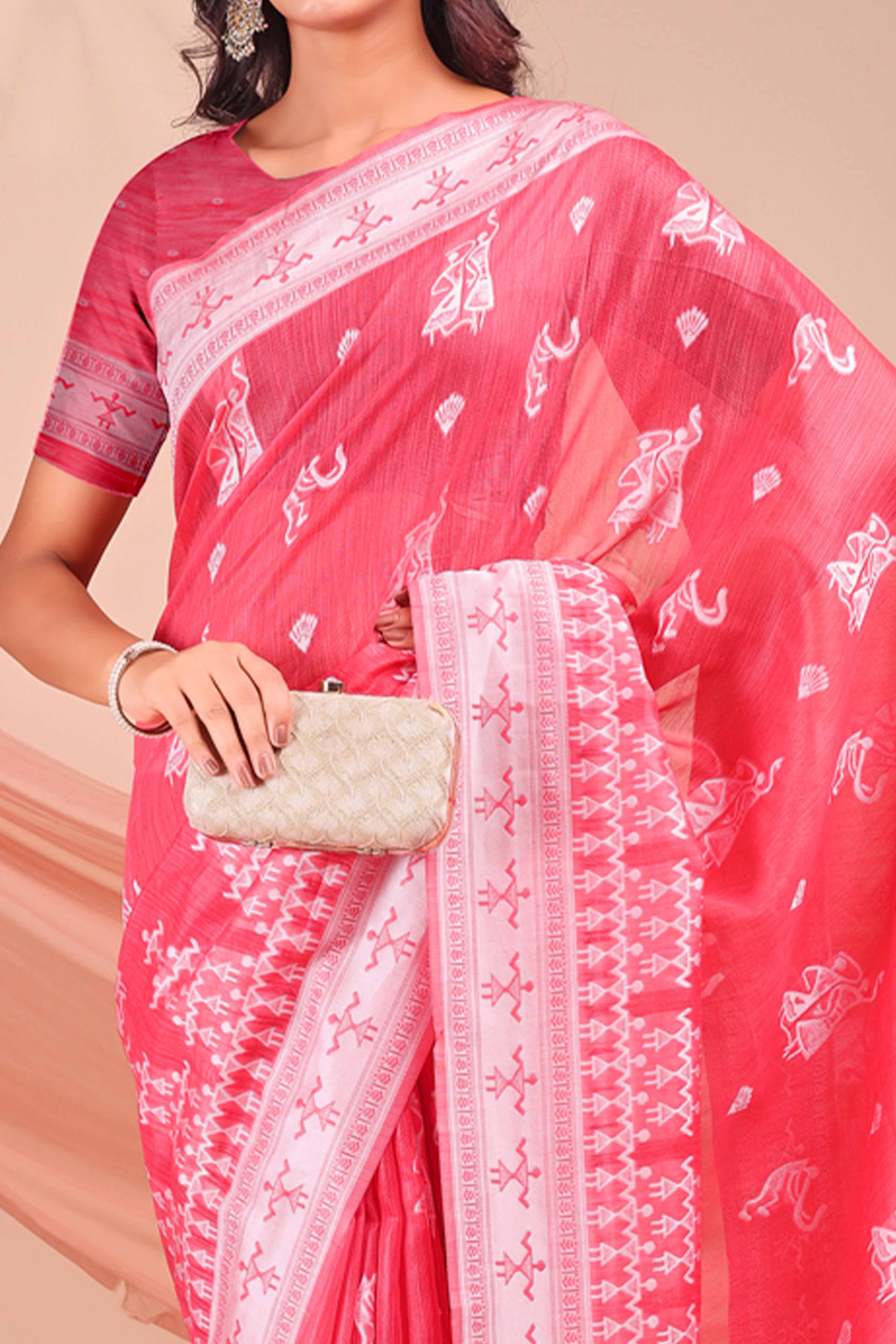 Pink Ethnic Saree in Soft Linen Cotton Fabric Featuring Warli Art Weaving