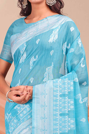 Sky Blue Ethnic Saree in Soft Linen Cotton Fabric Featuring Warli Art Weaving