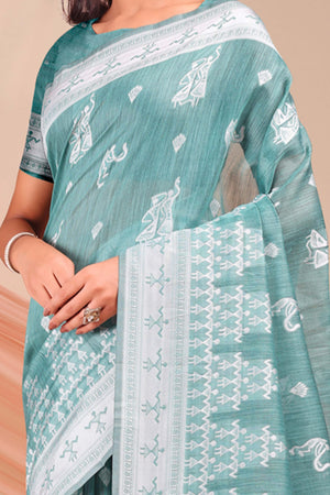 Sea Green Ethnic Saree in Soft Linen Cotton Fabric Featuring Warli Art Weaving