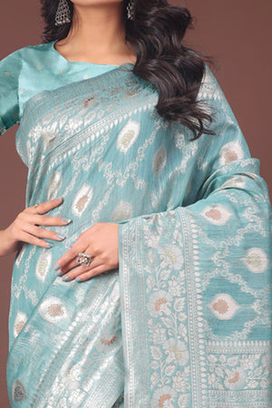Teal Cotton Blend Saree with Banarasi Style Floral Pattern and Tassels