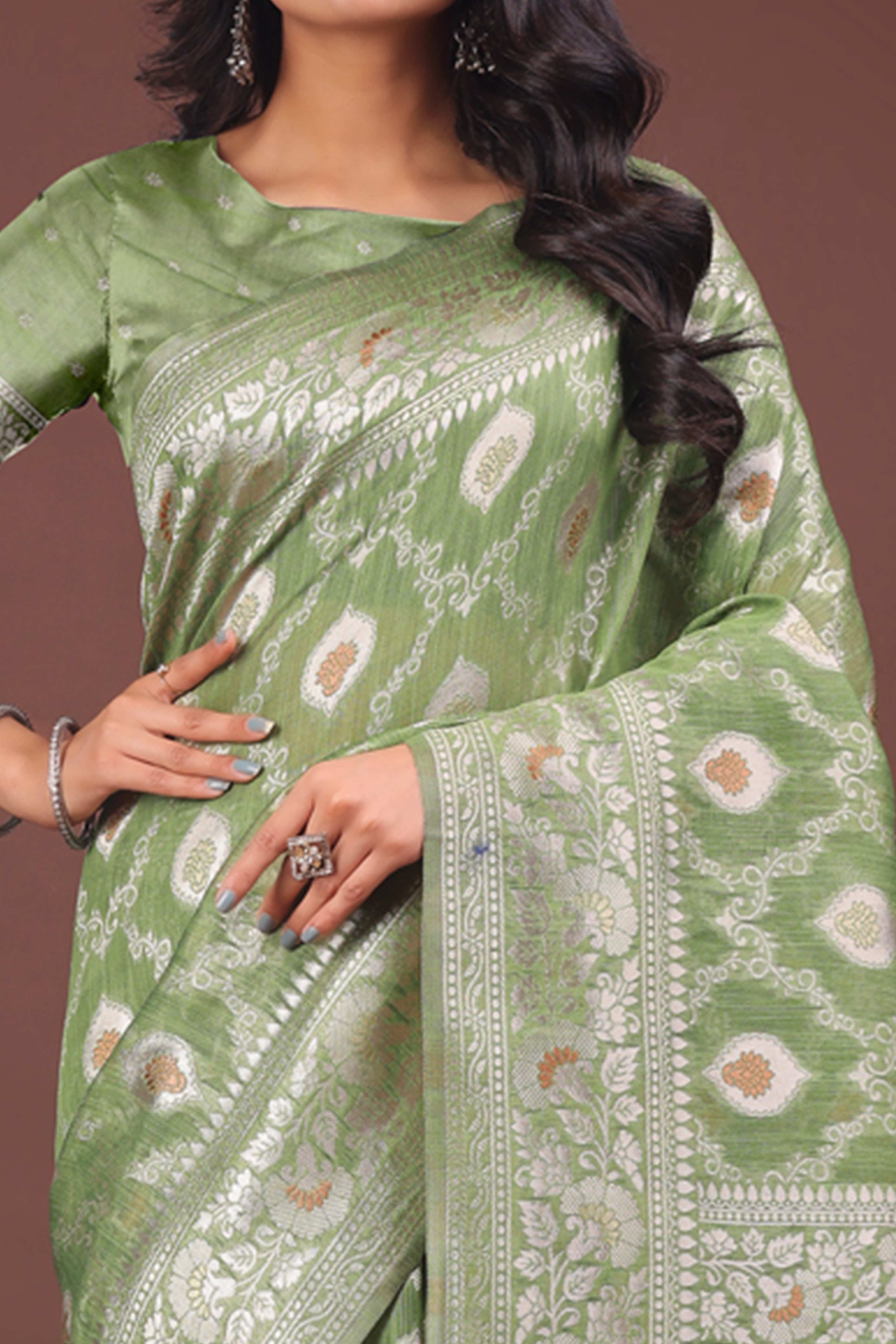 Light Green Cotton Blend Saree with Banarasi Style Floral Artistry and Tassels