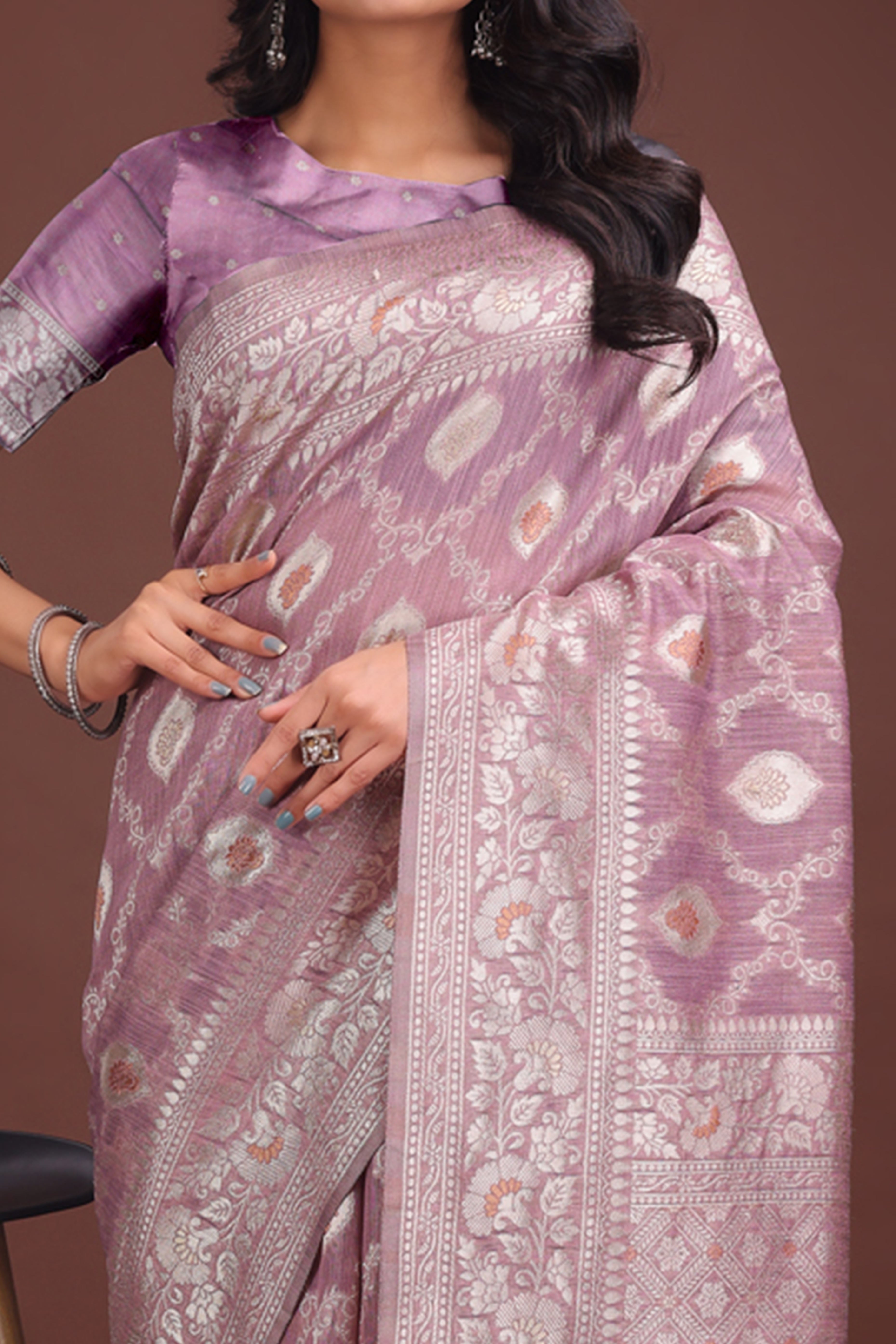 Dusty Mauve Cotton Blend Saree with Banarasi Style Floral Elegance and Tassels