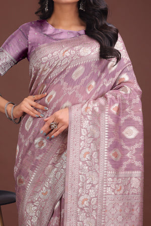 Dusty Mauve Cotton Blend Saree with Banarasi Style Floral Elegance and Tassels