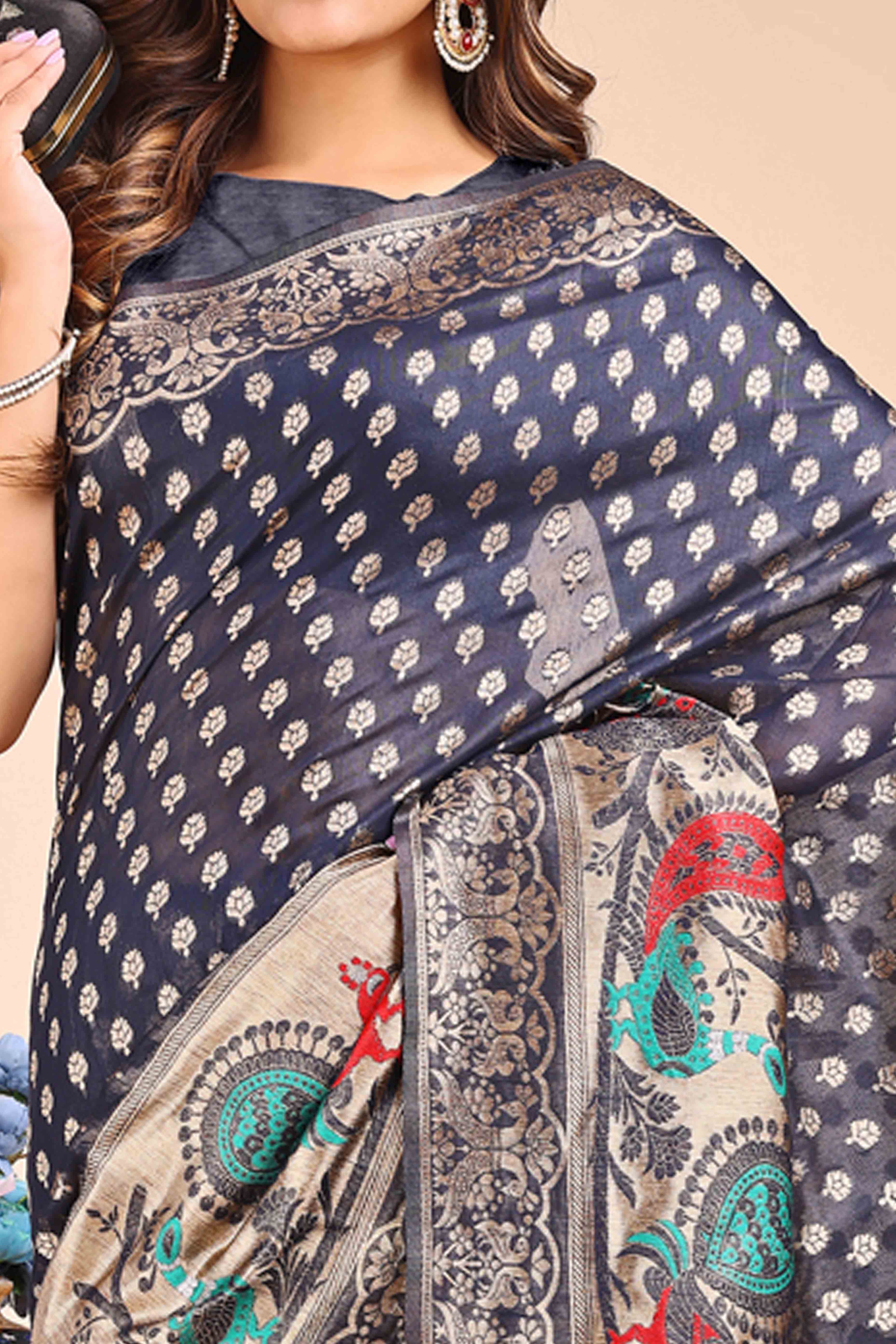 Navy Blue Floral Zari Weaving Embellished Linen Cotton Saree With Tassel Accents