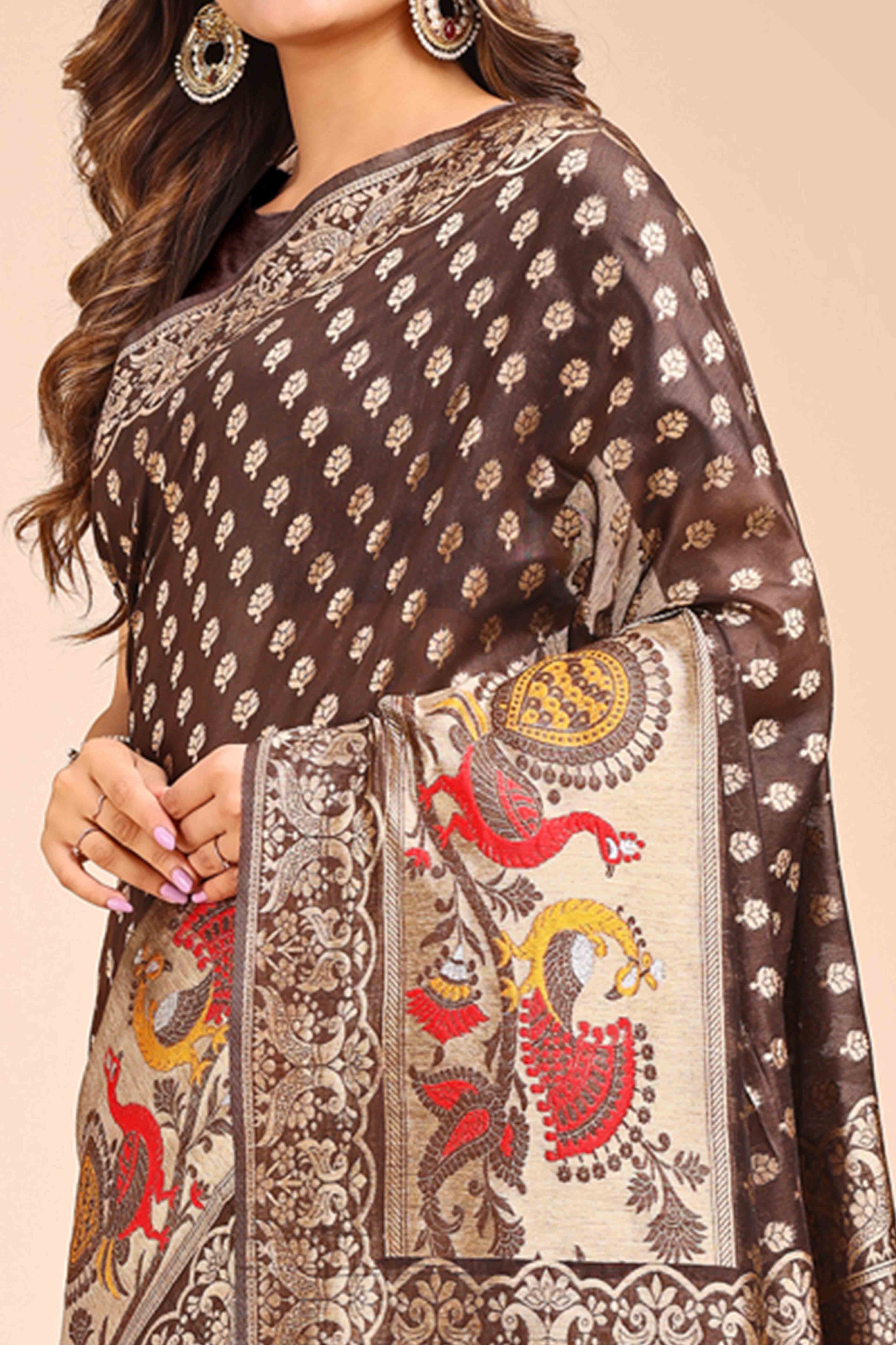 Brown Floral Zari Weaving Embellished Linen Cotton Saree With Tassel Accents