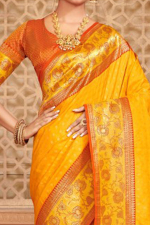 Elegant Yellow Floral Zari Weaving Silk Blend Saree With Tassel Pallu