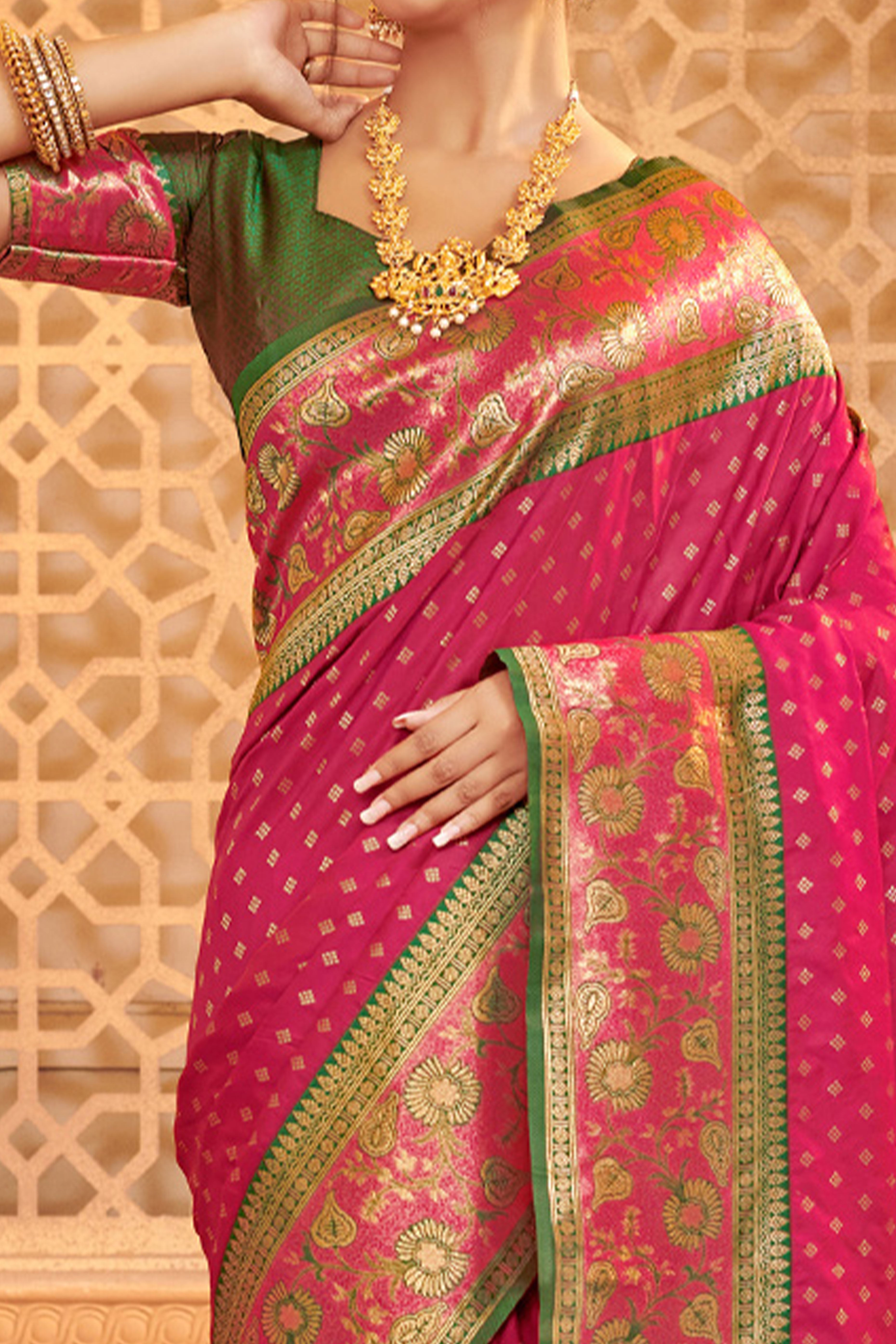 Elegant Rani Pink Floral Zari Weaving Silk Blend Saree With Tassel Pallu