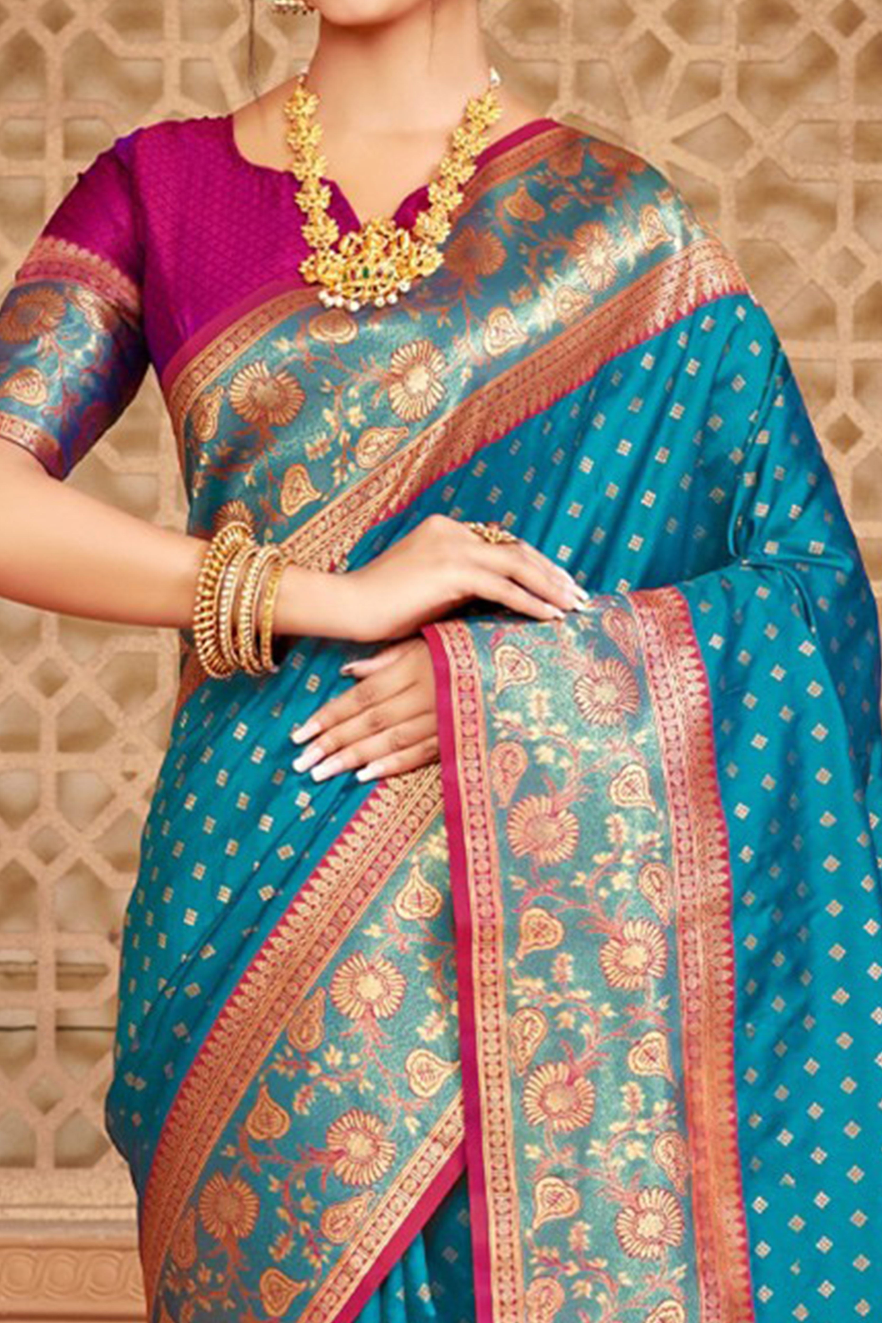 Elegant Blue Floral Zari Weaving Silk Blend Saree With Tassel Pallu