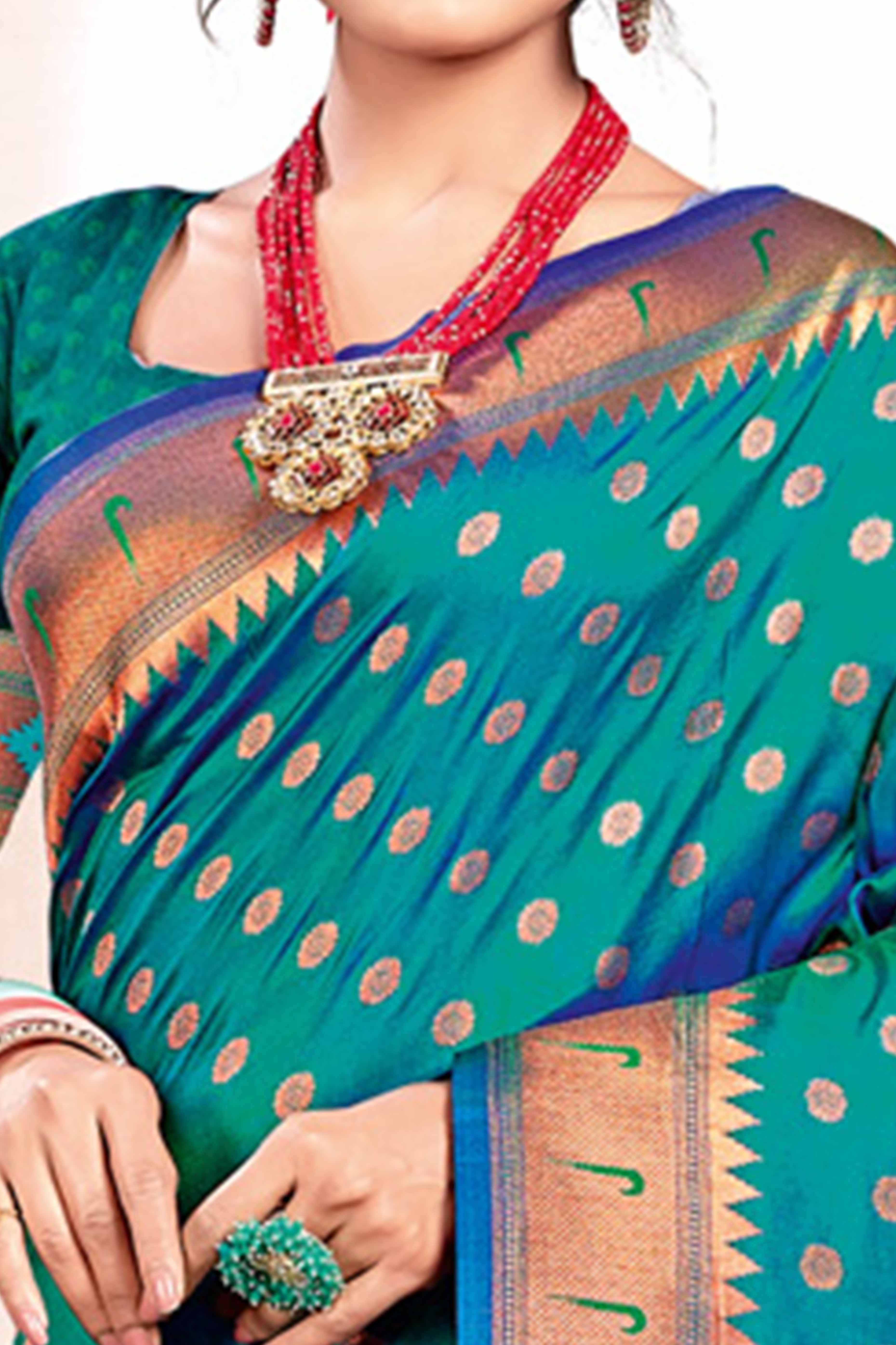 Rama Blue Floral Zari Weaving Paithani Saree In Lustrous Banarasi Silk With Tassel Pallu