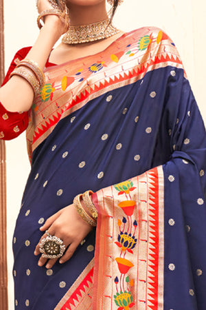 Charming Navy Blue Floral Zari Woven Silk Blend Saree With Stylish Tassel Pallu