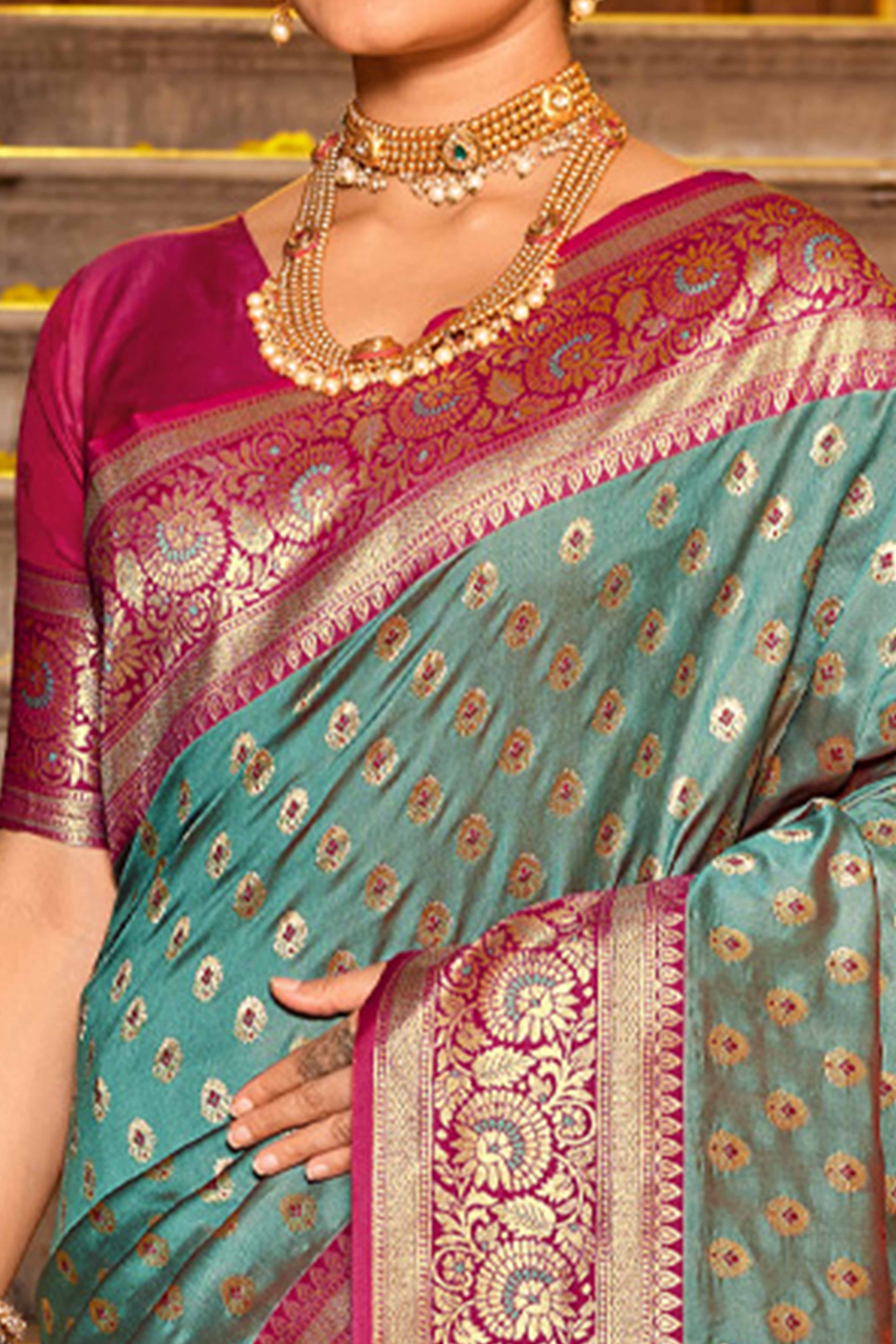 Teal Green Banarasi Silk Saree Featuring Intricate Floral Weaving & Elegant Tassel Pallu