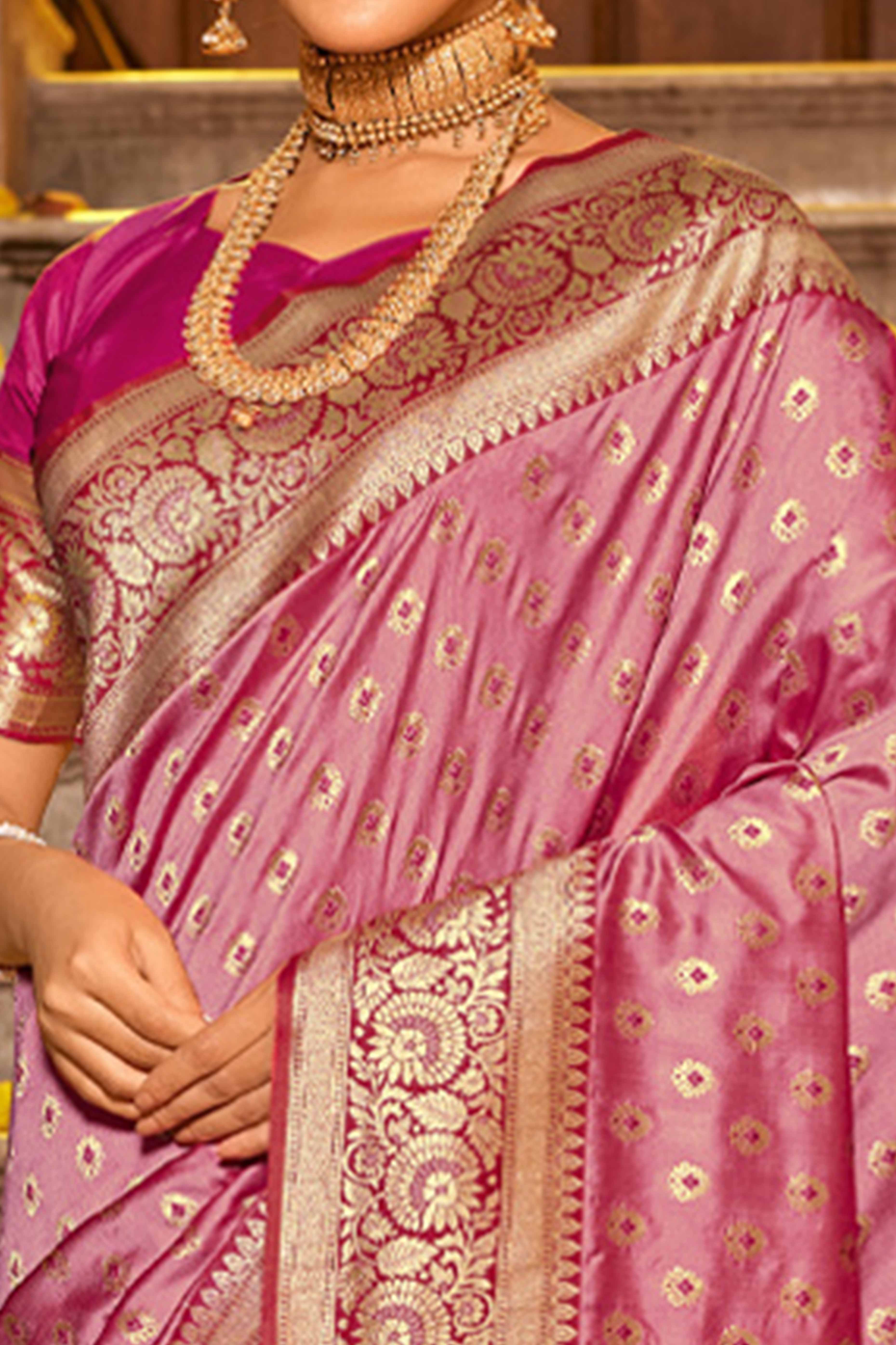 Onion Pink Banarasi Silk Saree Featuring Intricate Floral Weaving & Elegant Tassel Pallu