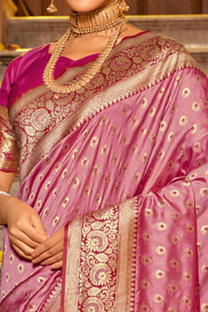 Onion Pink Banarasi Silk Saree Featuring Intricate Floral Weaving & Elegant Tassel Pallu