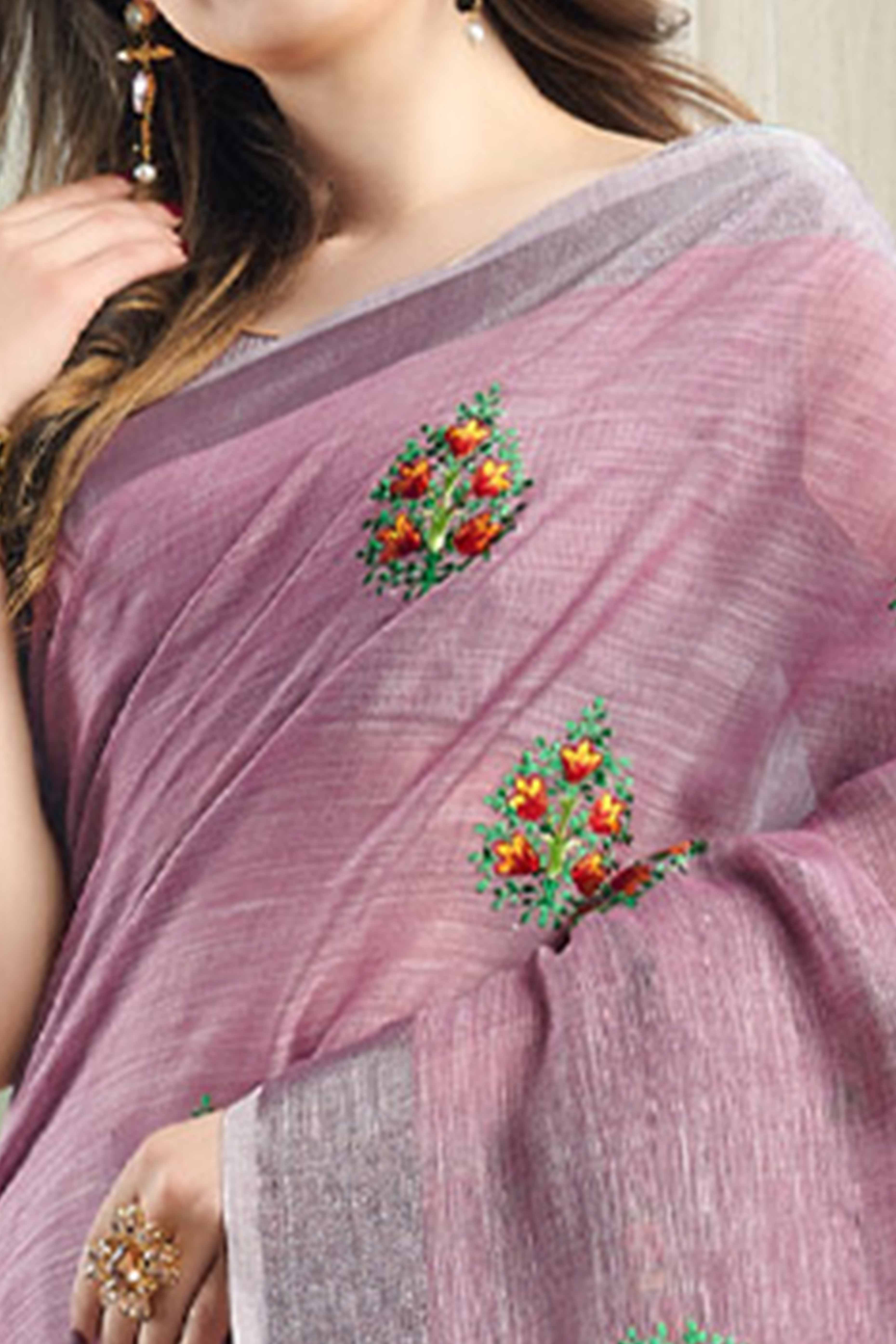 Light Purple Linen Saree with Intricate Floral Embroidery and Classic Weaving