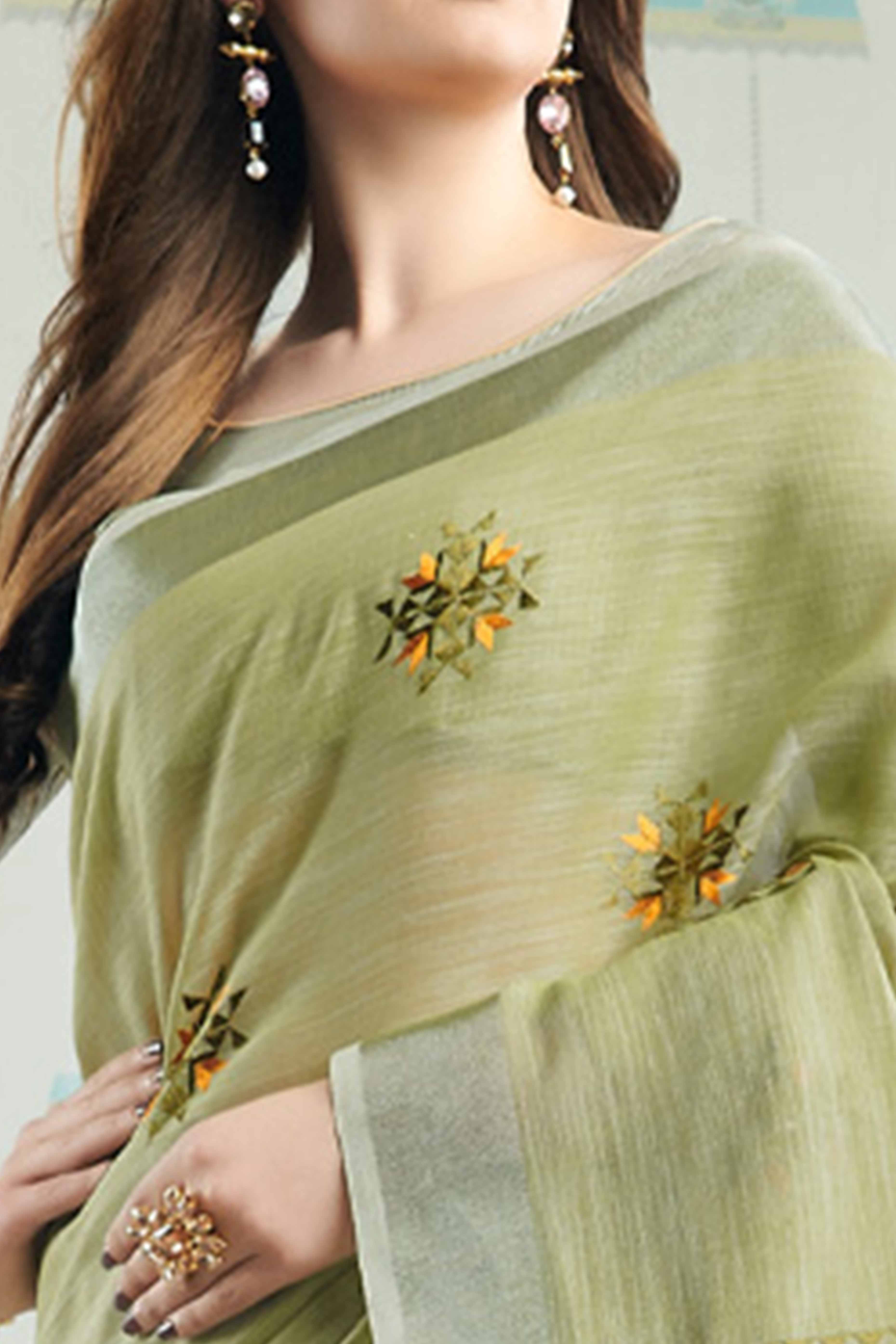 Pista Green Linen Saree with Intricate Floral Embroidery and Classic Weaving