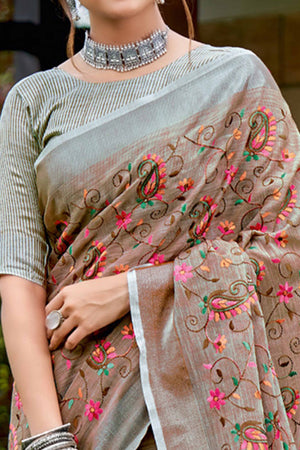 Handwoven Brown Linen Saree with Floral Embroidered Patterns