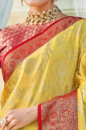Yellow Saree Featuring Exquisite Floral Zari Weaving On Linen Cotton