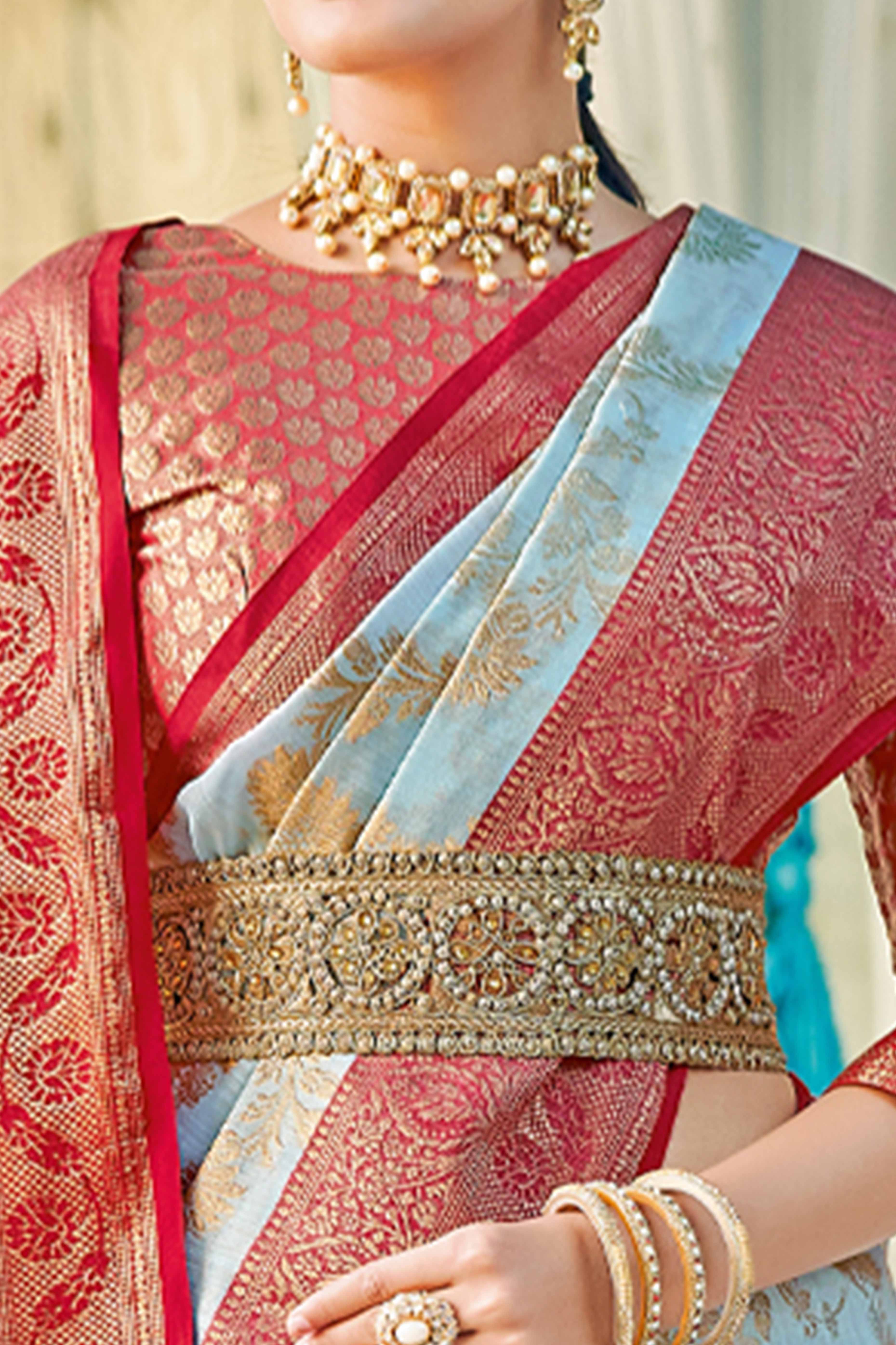 Sky Blue Saree Featuring Exquisite Floral Zari Weaving On Linen Cotton