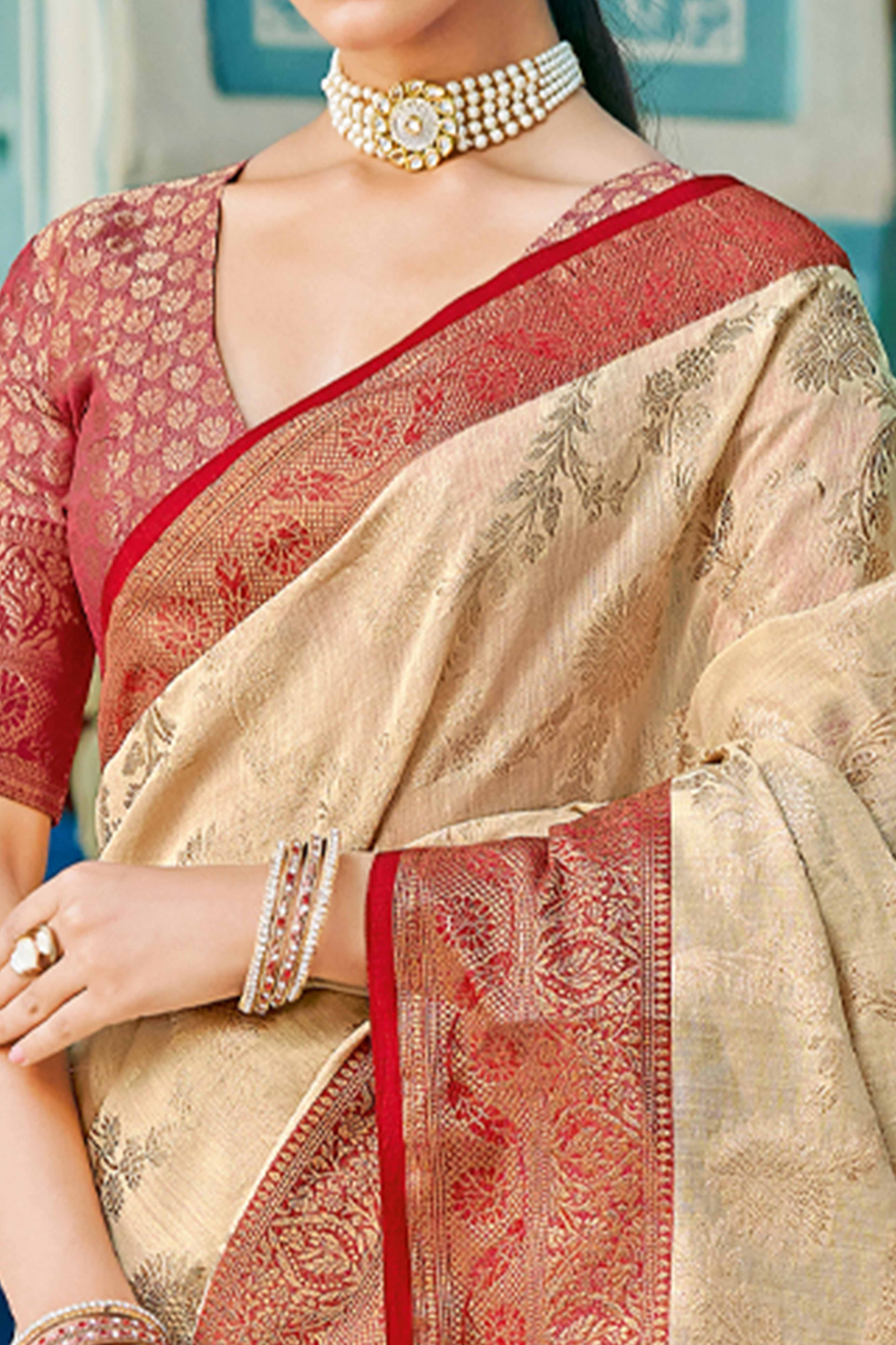 Cream Saree Featuring Exquisite Floral Zari Weaving On Linen Cotton