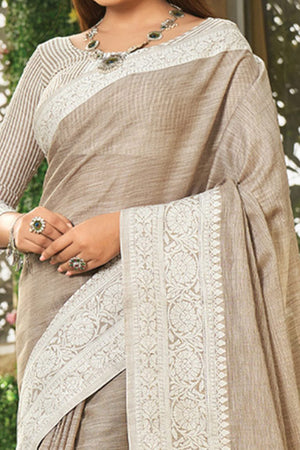 Light Brown Lightweight Linen Saree with Decorative Zari Border Weaving