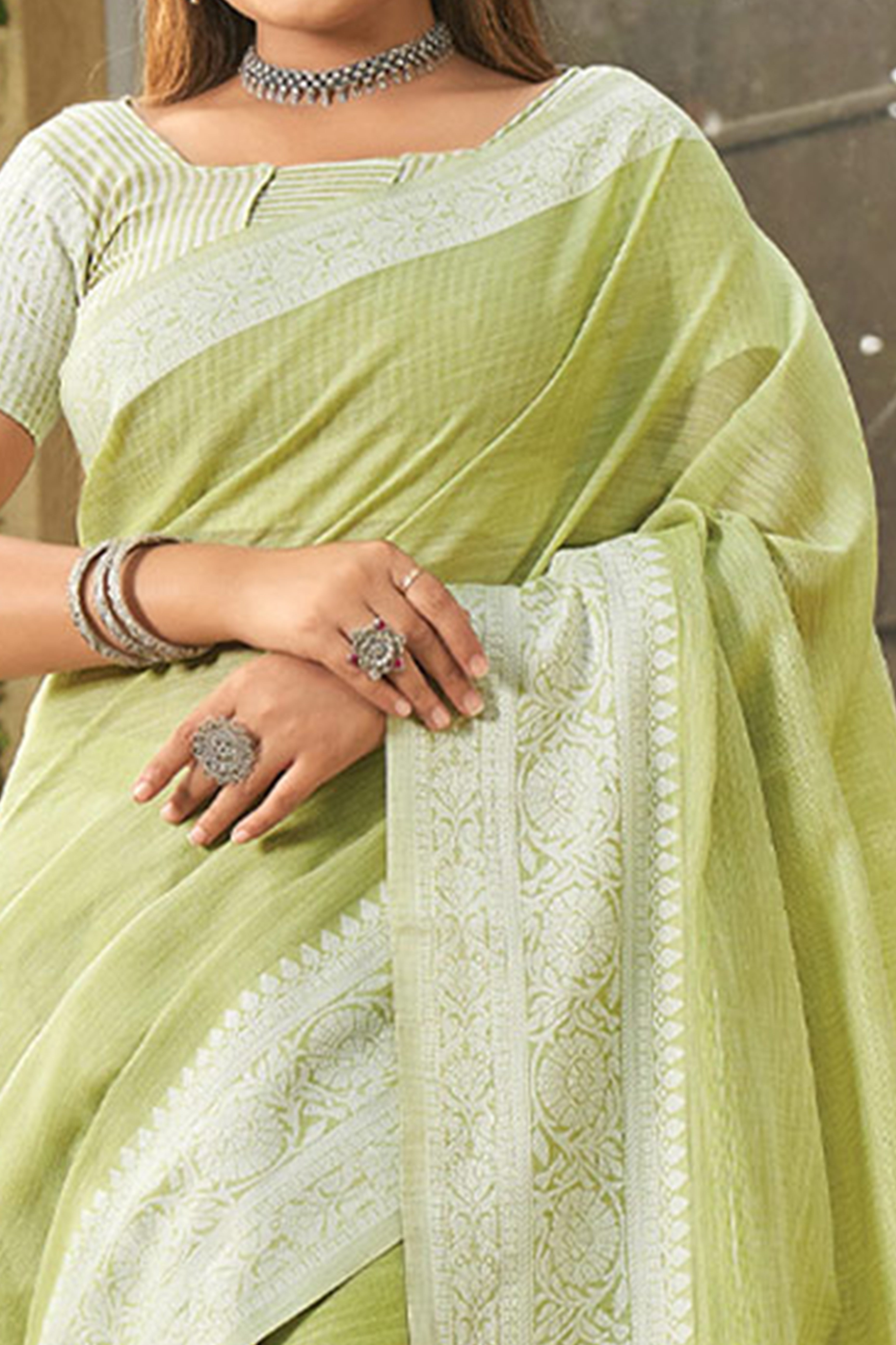 Lime Green Lightweight Linen Saree with Decorative Zari Border Weaving