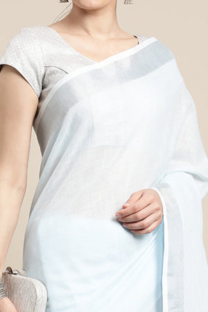 Light Sky Blue Linen Saree Adorned With Silver Zari Weaving Border & Pallu