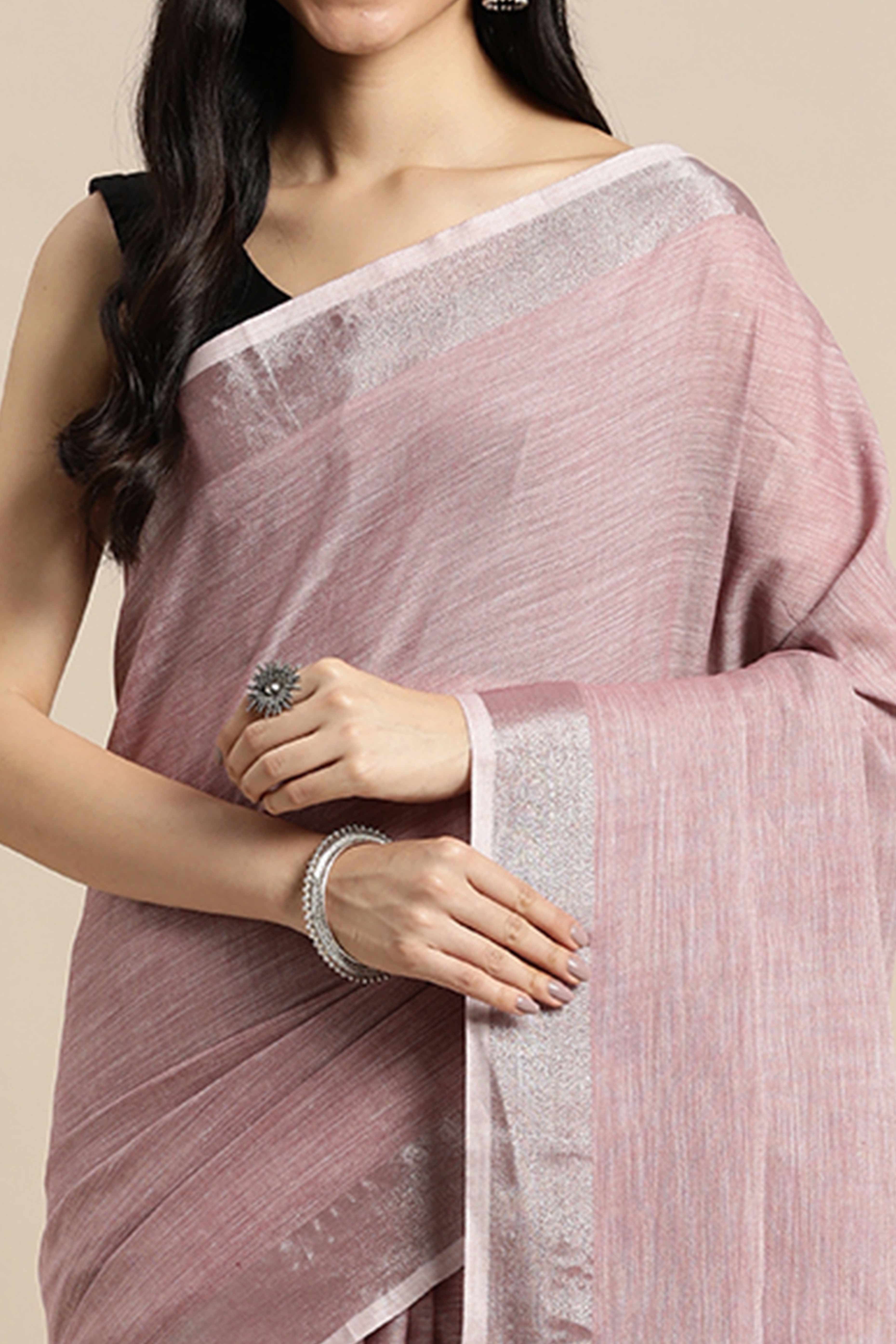 Dusty Mauve Linen Saree Adorned With Silver Zari Weaving Border & Pallu