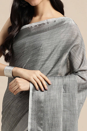 Grey Linen Saree Adorned With Silver Zari Weaving Border & Pallu