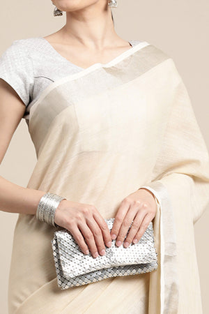Light Beige Linen Saree Adorned With Silver Zari Weaving Border & Pallu