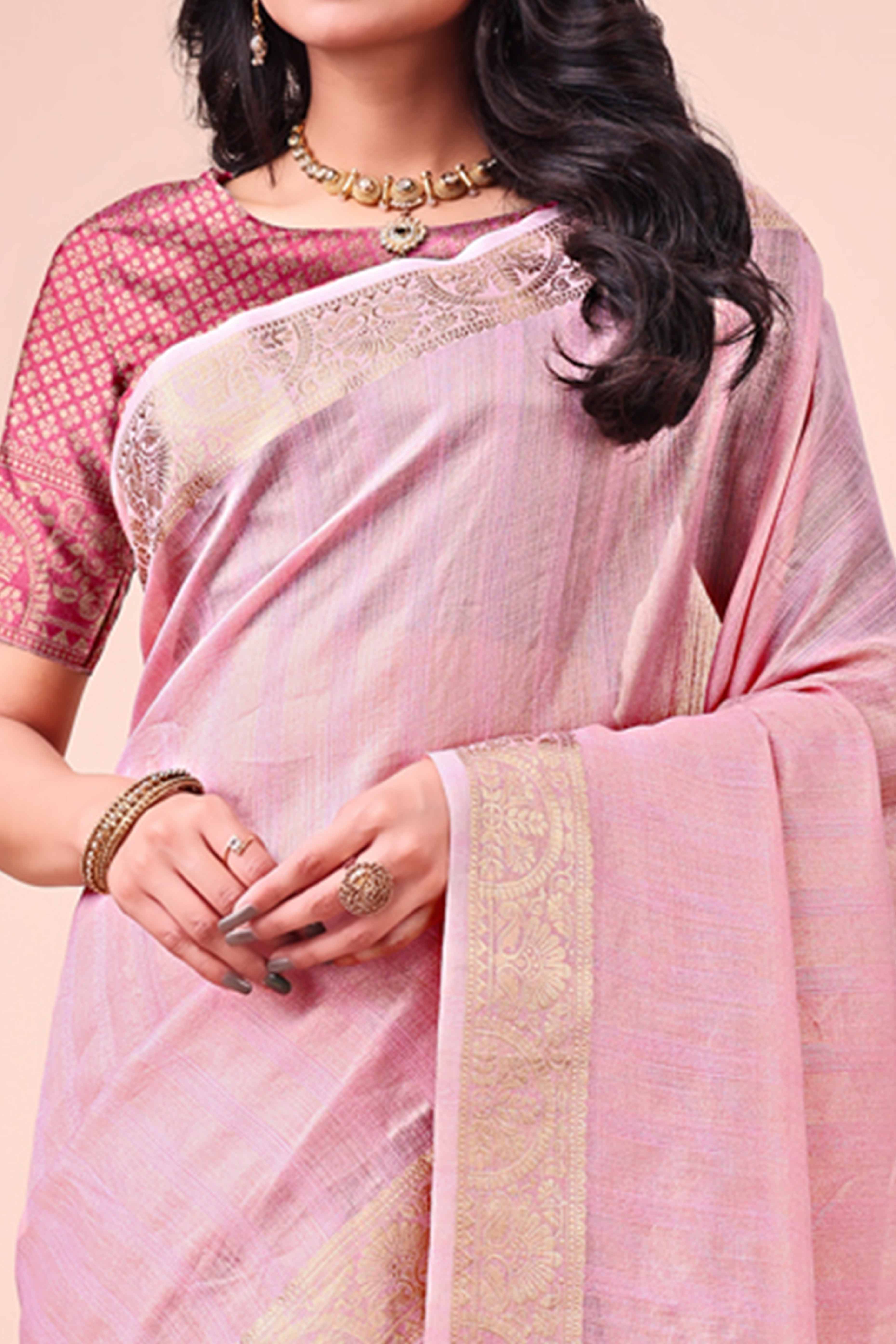 Pink Organza Saree With Floral Zari Weave & Tassel Accents