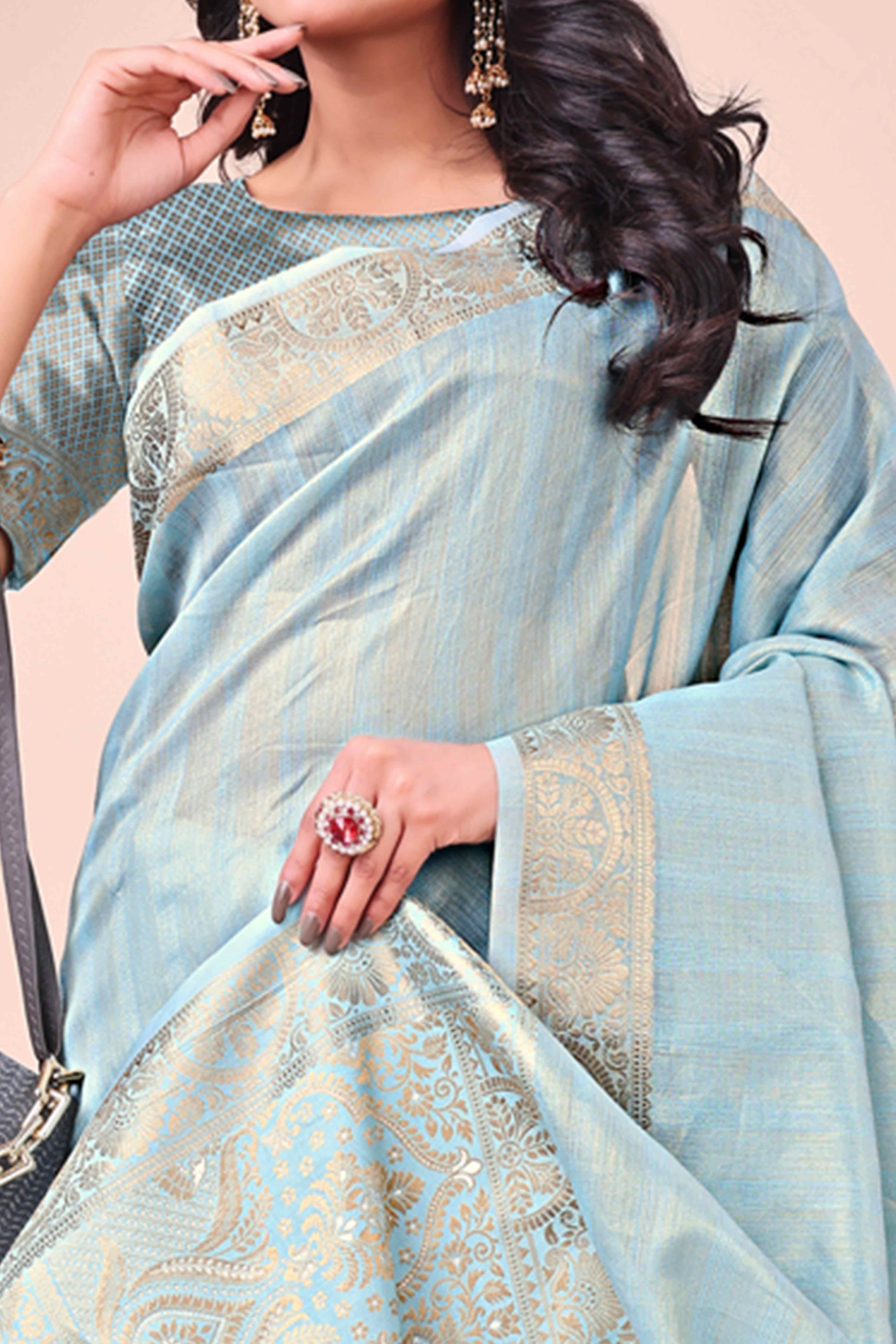 Sky Blue Organza Saree With Floral Zari Weave & Tassel Accents