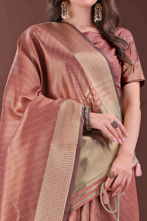Dark Dusty Peach Zari Weaving Organza Saree With Tassel Border