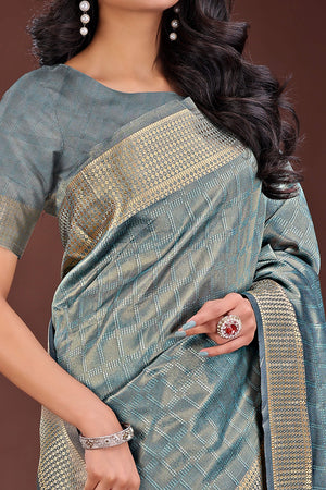 Blue Organza Saree With Intricate Zari Woven Checks & Tassel Border