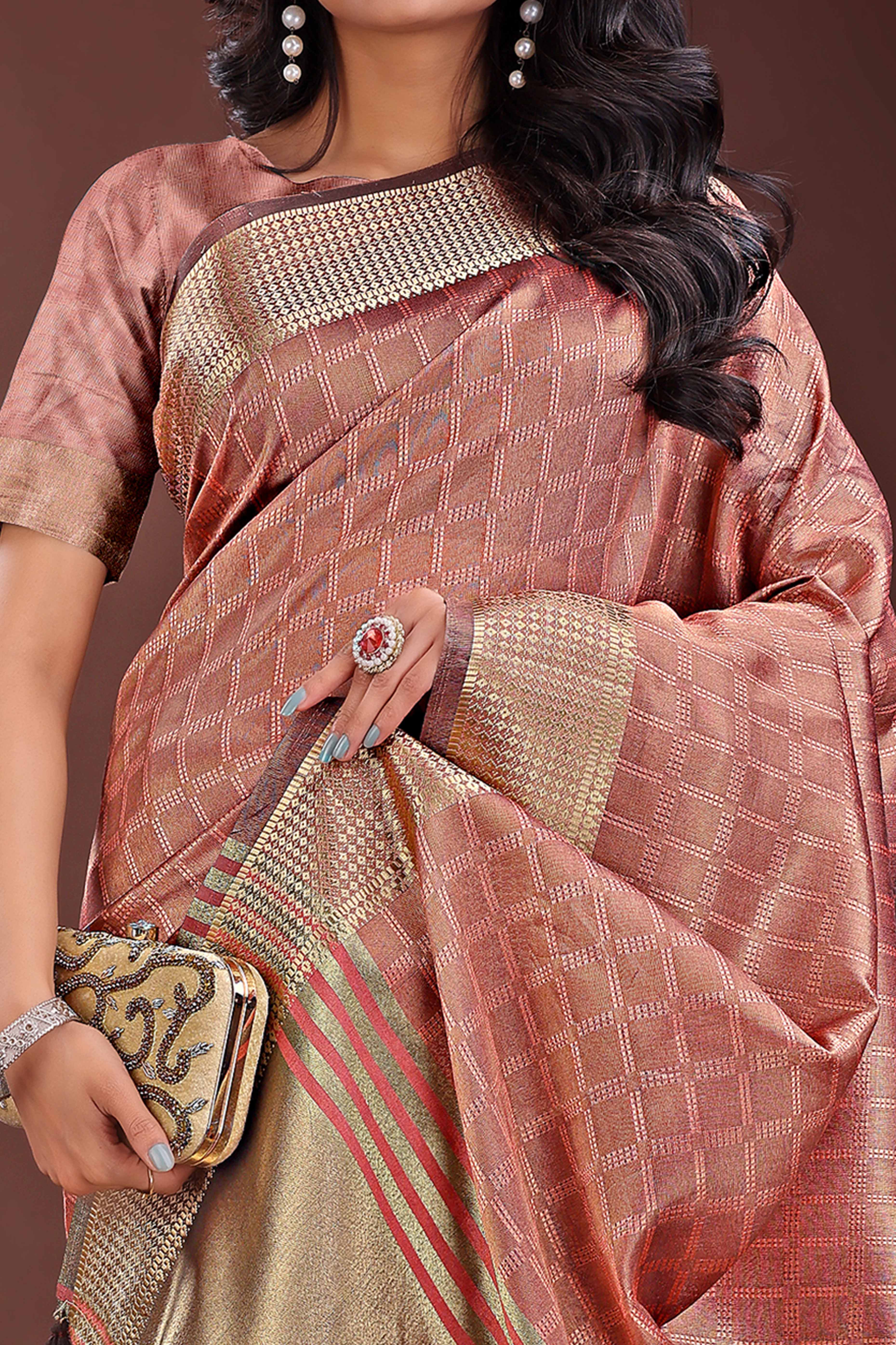 Peach Organza Saree With Intricate Zari Woven Checks & Tassel Border