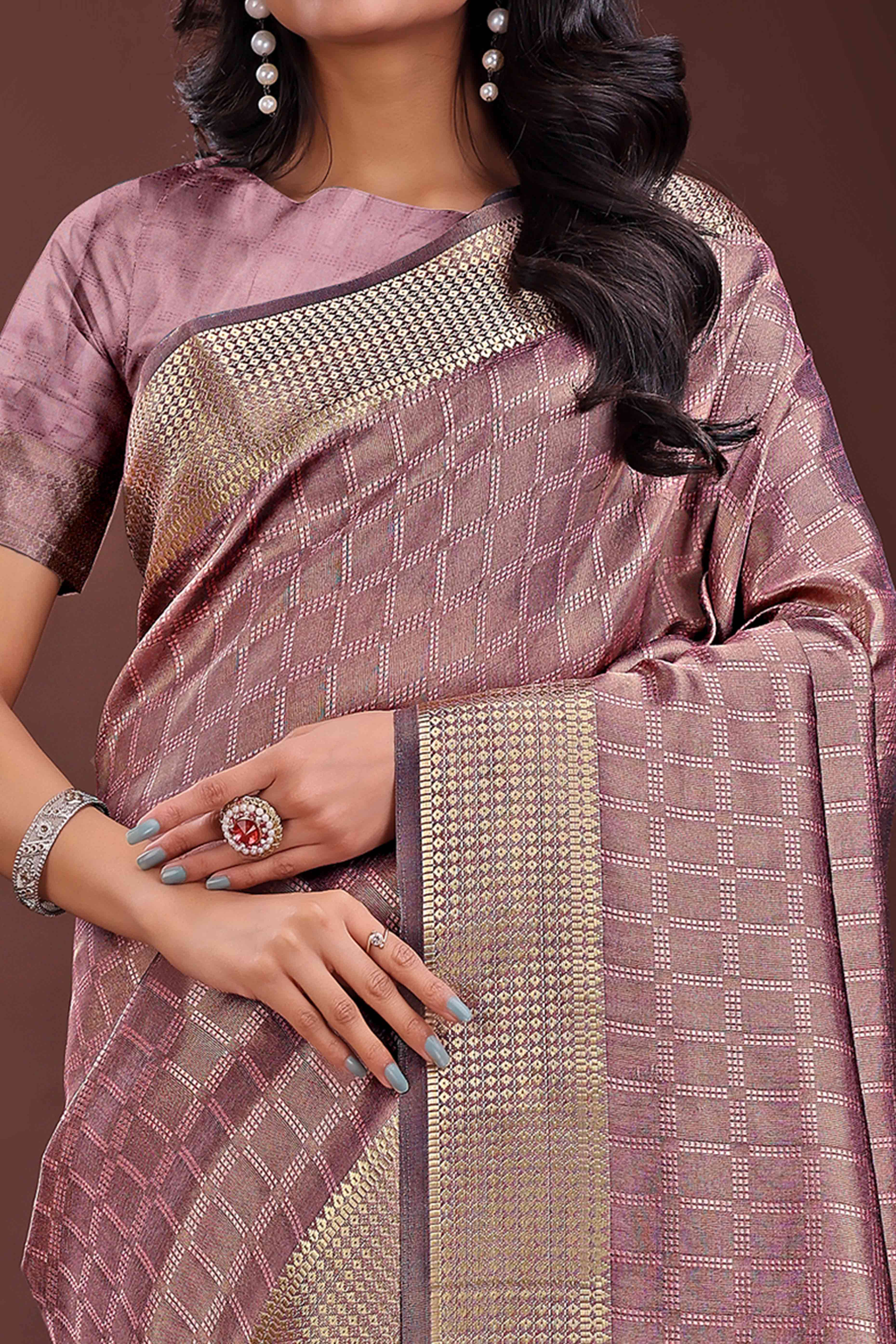 Mauve Organza Saree With Intricate Zari Woven Checks & Tassel Border