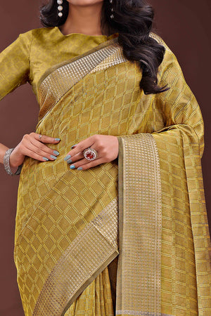Mustard Organza Saree With Intricate Zari Woven Checks & Tassel Border