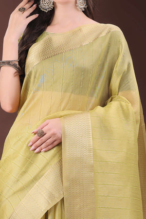 Lemon Yellow Organza Saree With Zari Woven Stripes & Elegant Tassel Border
